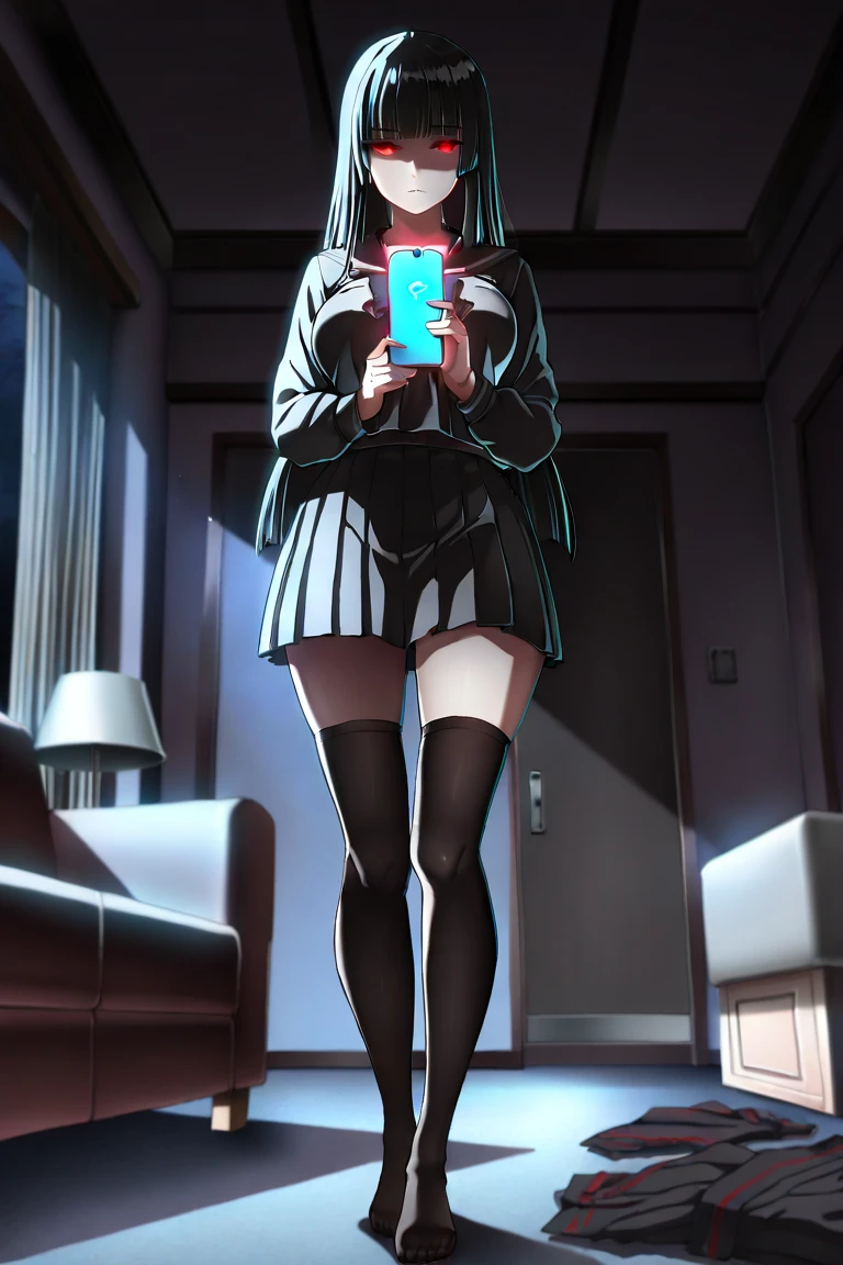 (RAW photo, best quality), (realistic, photo-realistic:1.4),
masterpiece, extremely delicate and beautiful,Amazing, finely detail, extremely detailed CG unity 8k wallpaper, huge filesize, ultra-detailed, highres, absurdres, soft light,rim light, vibrant details,
((perfect hand:1.2)), 
Take a selfie with phone in one hand and cover face,
1girl,very slim legs, very thin legs, very slender legs, long legs, very detailed legs, 
[standing|on chair|sitting|butterfly sitting],
[stockings|pantyhose|thighhighs|kneehighs], 
iphone, selfie, pose,small hand, purple eyes, 
p_m_s, hinata/(boruto/), long hair, dark blue hair, blunt bangs