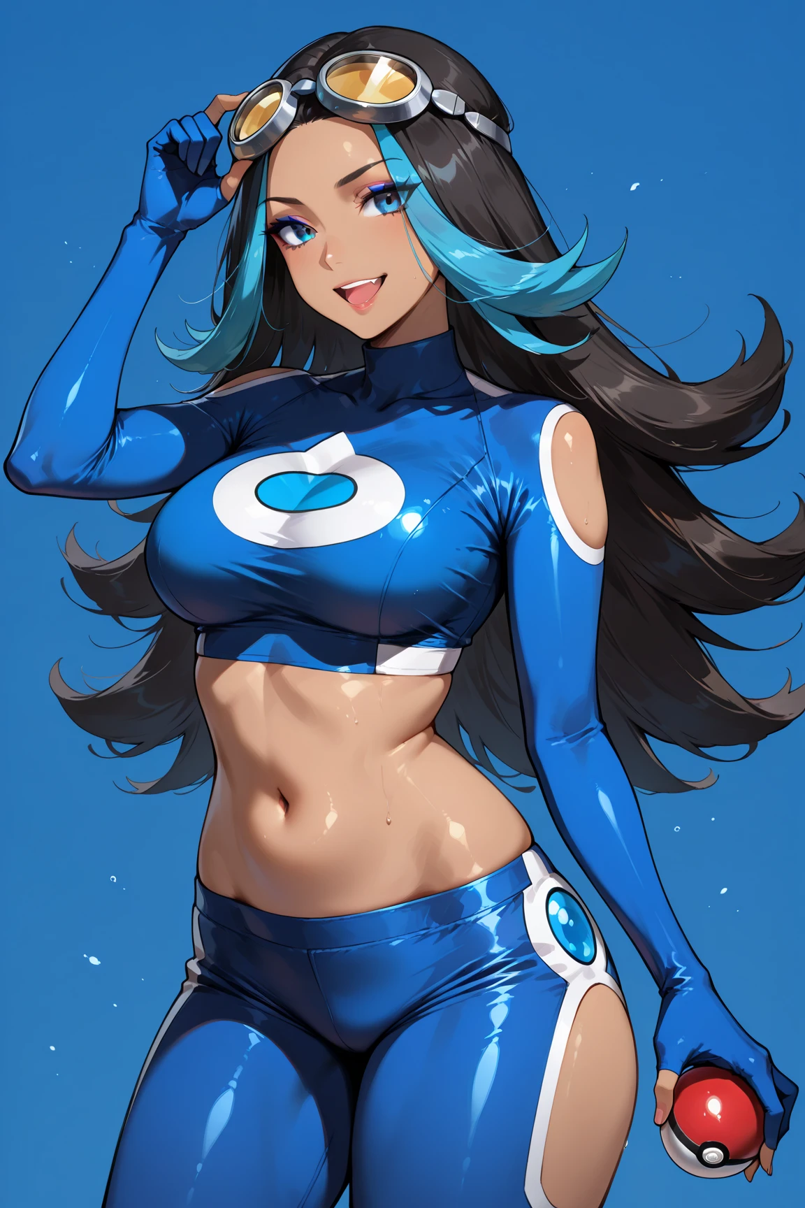 masterpiece, best quality, nemstyle, [simple:paint splatter, two tone:0.1] background, realistic, portrait, dark blue background, 
<lora:NemstyleV1:1> 
<lora:ShellyORASLora:0.8> Shelly \(pokemon\), dark skin, large breasts,