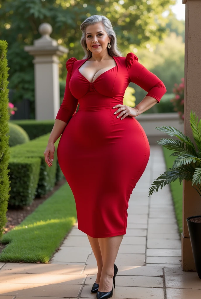 a beautiful plump woman,wearing red dress,at the seaside,smiling