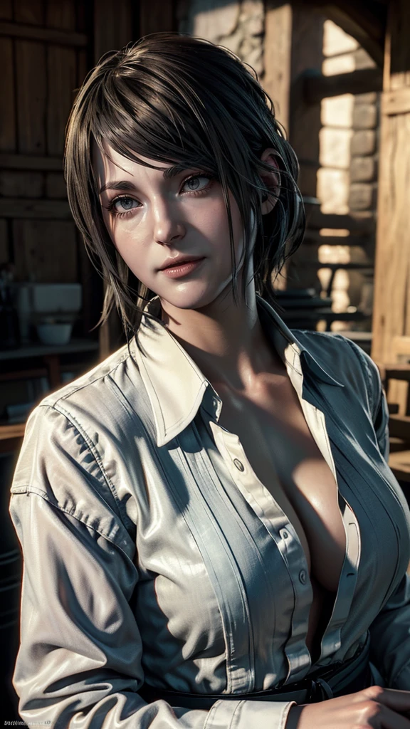 (masterpiece), best quality, expressive eyes, perfect face, Pieck from Attack on Titan in sexy Frock and jeans 30 year old women seductive body medium breasts medium thigs facing towards screen curvy body parted lips  feminine figure body in beautiful expressive eyes ,  4k backlighting smirky face full sexy body