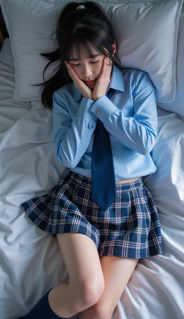 masterpiece, Highest quality, High resolution,8k, 1 hair clip, Tokiwadai School Uniform 、Tokiwadai school emblem on the left chest、Grey Skirt、Realistic,Bedroom、Lying in bed、smile、Roll up your skirt to show your underwear、Pure white panties、Grey Skirtを履いてる