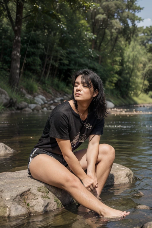 girl sitting on a stone near water in the forest at sunset
