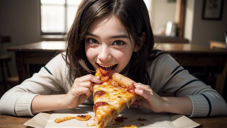 (((Woman Eating Pizza))), A delicious smile, Cinematic dynamic photography,(Ultra Realistic, High resolution), (Highly detailed eyes, Highly detailed hair, highly Detailed face, Highly detailed plump lips，Perfect Anatomy),(highest quality:1.4), RAW Photos, (Realistic, photo-Realistic:1.37), Professional photography, Cinematic Light, (Detailed face: 1.2),Looking at the audience, Brunette woman,slim,(Beautiful leg lines ), Beauty, (Famous Japanese actresses:1.2),Highly detailed skin,very thin fingers, Highly detailed nose, Highly detailed mouth,Very beautiful legs,Highly detailed background,RAW Photos