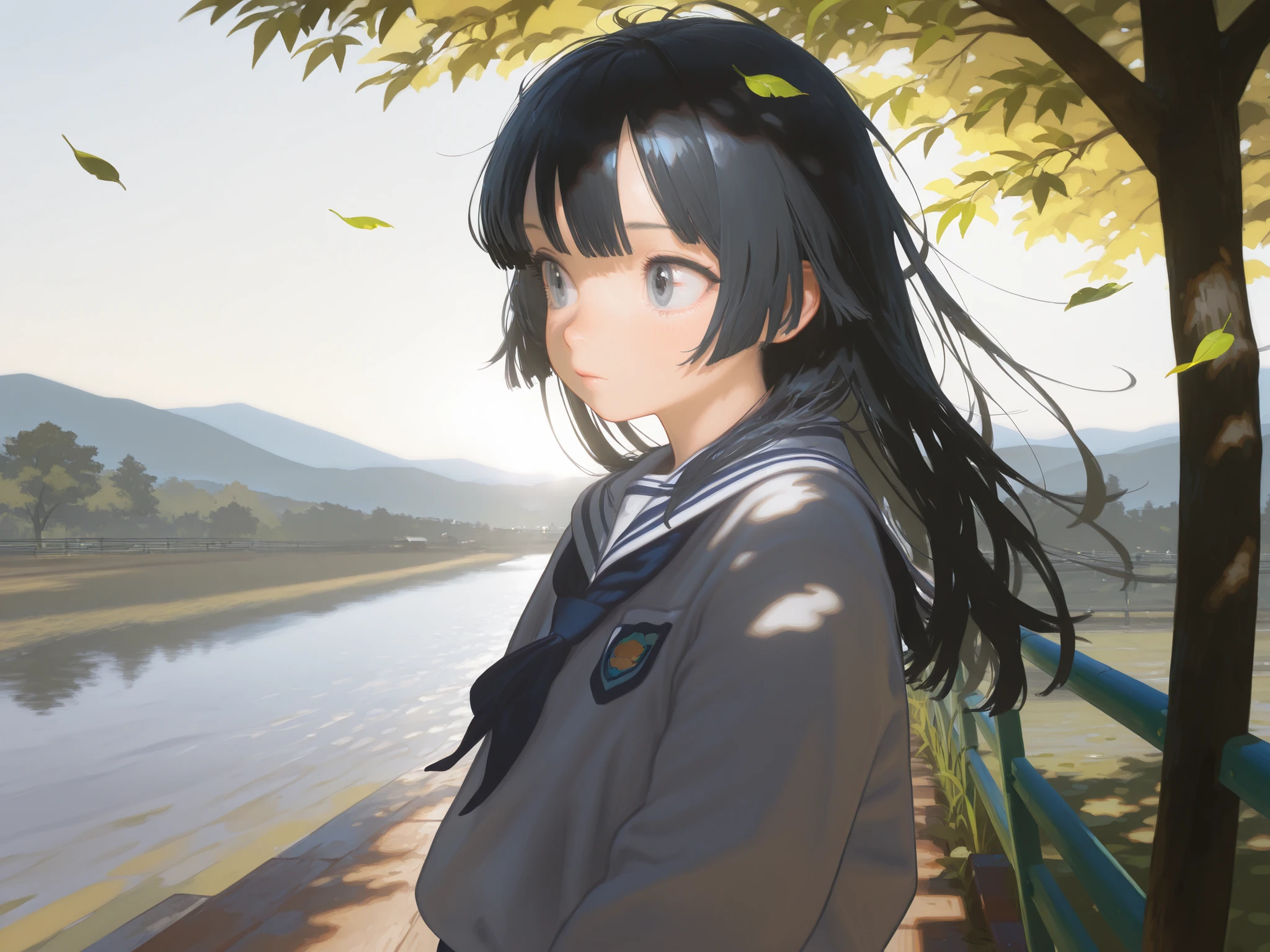 HDR, 8K, high contrast, masterpiece, best quality, amazing quality, very aesthetic, painting artstyle, realistic, newest, hyperdetailed painting, brushstrokes, digital painting,
BREAK
bounce light, hyperdetailed, detailed hair strands, detailed fibers, aesthetic, 8k wallpaper, detailed, masterpiece, best quality, amazing quality, very aesthetic, absurdres, 8K,masterpiece, great colors, color theory, great lighting, great composition, flawless. 1girl, Hime cut, black hair, bleached hair, grey eyes, school outfit, looking to side, leaves in the wind, sharp sunlight, windy, tree shade, railing, japanese road background.