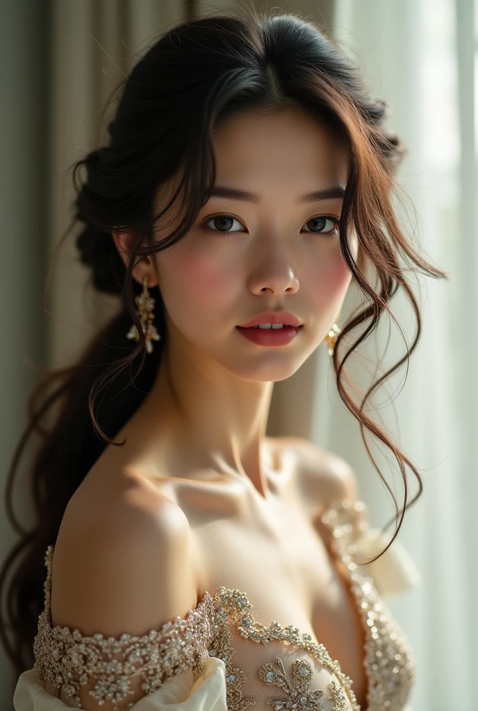 (ears, breasts), from the side, male perspective, (young woman), (imperial hanfu bridal accessories), (strapless bra), (veil), (cosplay photoshoot), ((cleavage)), curly hair girl, tall, French braid, dark skin, ((large breasts)), ((large breasts)), (mole), (looking at the audience), ,