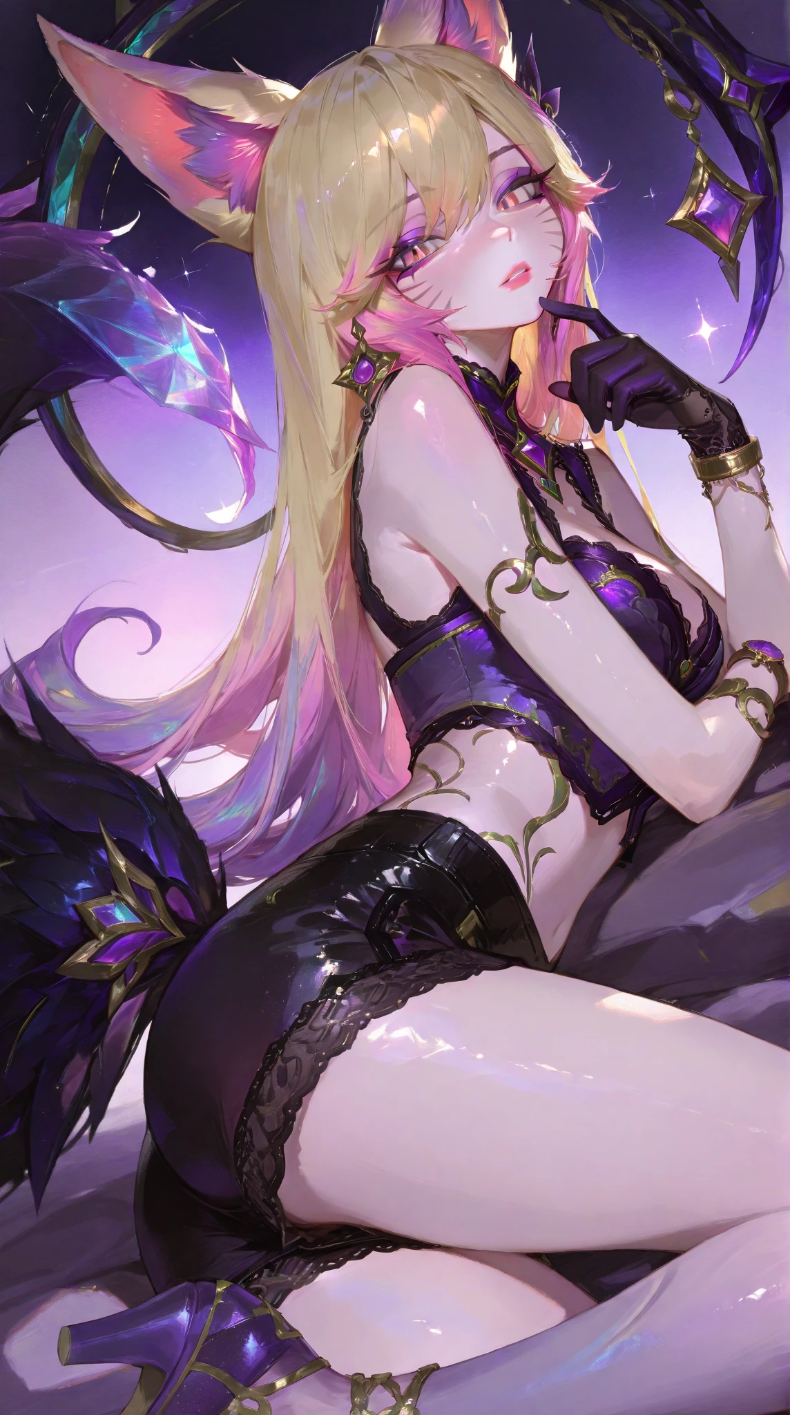 Narmaya in a standing pose gestures towards the viewer. She is wearing a black bikini and hooded cloak with turquoise accents. Around her neck is a gorgeous gold and turquoise colored ornament. She has elbow length black gloves. The background is a nebulous blur of pink and purple hues. Narmaya and her attire are meticulously detailed. The intense effort put into shading brings this image to a realistic style. Gorgeous vibrant colors draw the eye. Narmaya's suggestive stance brings the viewers focus to her large and perfectly shaped breasts. The image is both magical and erotic. (masterpiece), best quality, expressive eyes, perfect face, black bikini, hooded cloak, suggestive pose, purple and pink background, seductive, fantasy, 8k, absurdres, narmaya, pink hair, blue eye with pink pupil, hair over eye, draph, horns, butterfly hair clip,