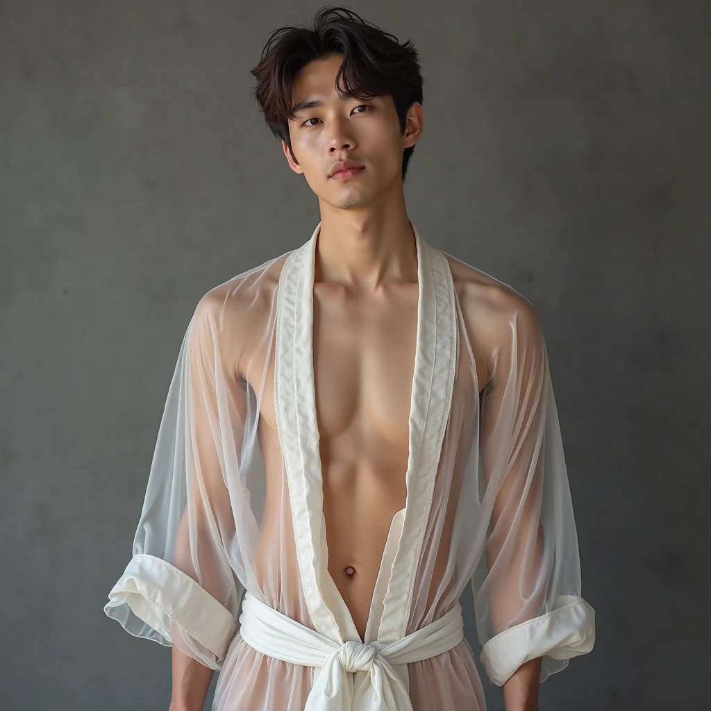 masterpiece, Best quality, realistic、a handsome white skin guy in sheet ghost costume, white thong,  Flawless anatomy、shirtless., ideal male body、male model