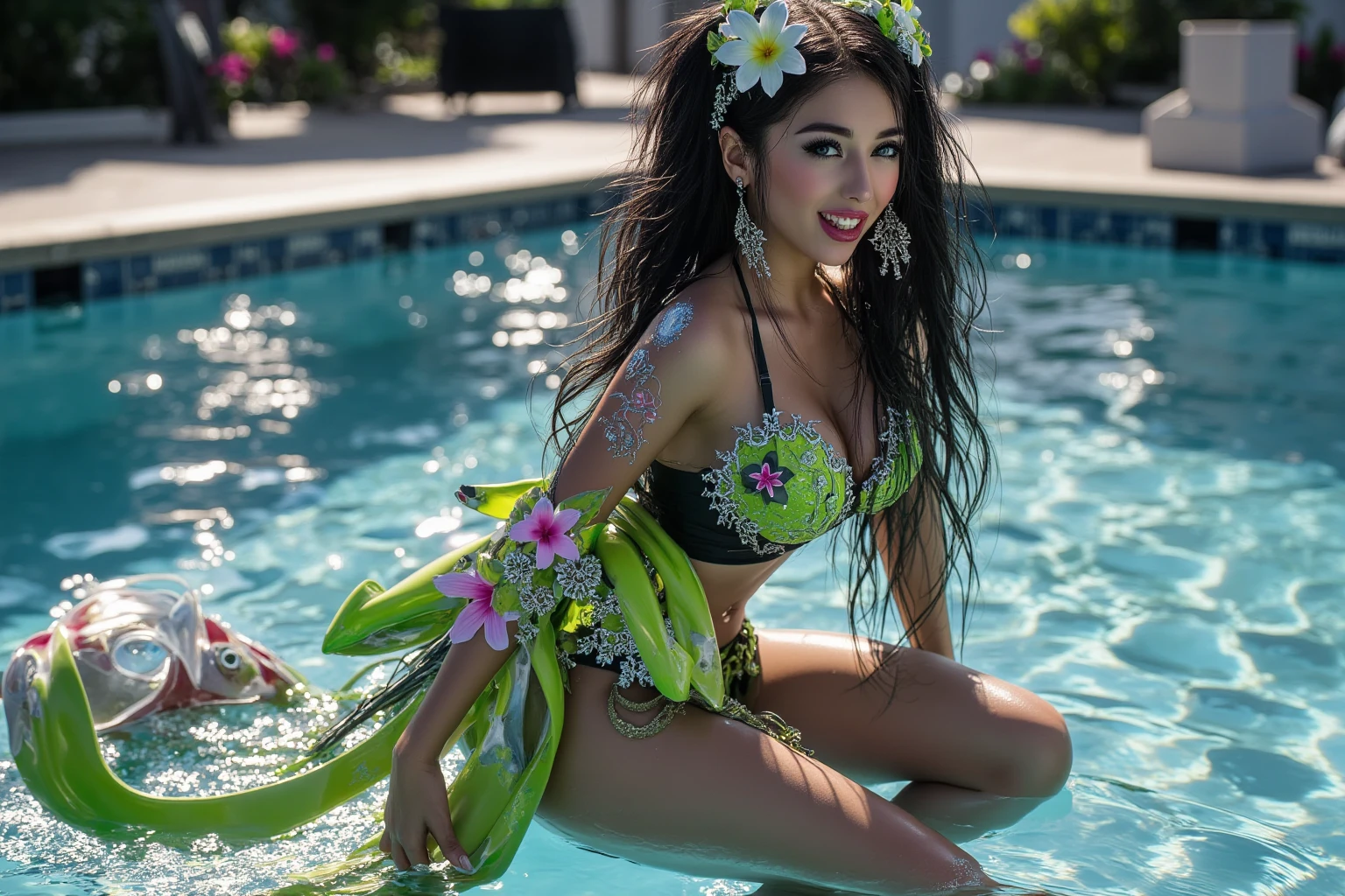 ariana grande, Purple pink lotus petal bikini top, lotus green flared skirt, Take a walk in the rose garden, noon sky, Beautiful sunshine