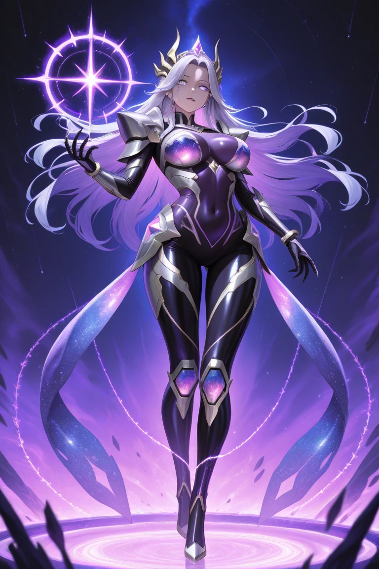 Best Quality,Saturn in the background,Empress ruling the galaxy floats in space,A triumphant smile,RPG Game Lass Boss,Fluttering purple hair,((Glossy metallic purple full body bodysuit and leggings)),gorgeous costumes,Chinese Idol