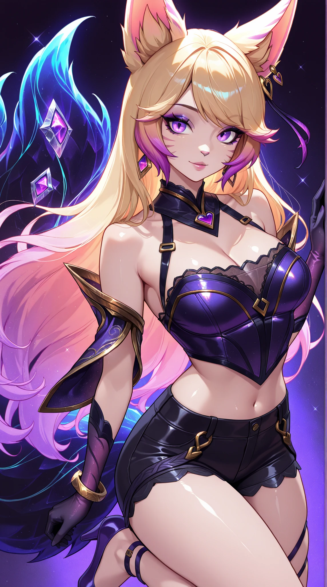 k/da_ahri, 1girl, ahri (league of legends), breasts, animal ears, blonde hair, solo, fox ears, k/da (league of legends), long hair, cleavage, tail, whisker markings, looking at viewer, facial mark, choker, large breasts, bare shoulders, fox tail, jewelry, yellow eyes, upper body, multiple tails, bangs, shiny, collarbone, covered navel, earrings