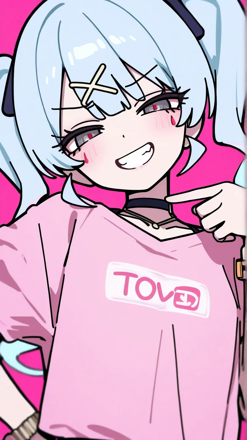 Smile, shiny smile, Pillow, hugging pillow, cuddling pillow, 1 girl, long twintails, pink hair, pink skirt, sweetheart from omori, omori, clothed, only face, face focus, dynamic poses, action, fancy details, beautiful details, air particles, particles, heart particles, wink, precious eyes, high-detailed eyes, bow, pink bow, big bow, bow on head, mole, mole from omori, living plant, omori entity, pink eyes, sly smile, one pillow, heart-shaped pillow, perfect heart, text "KYS" on pillow, text on pillow