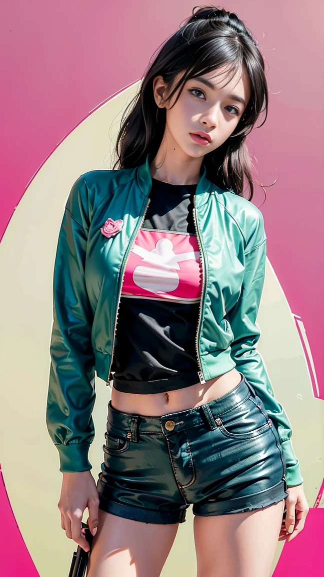 Romantic Idol Girl、whole body、Good style、、、、Shiny light green tight mini skirt costume、Fantastic City、、Pink Pigtail、、Hero Jacket、Great belt