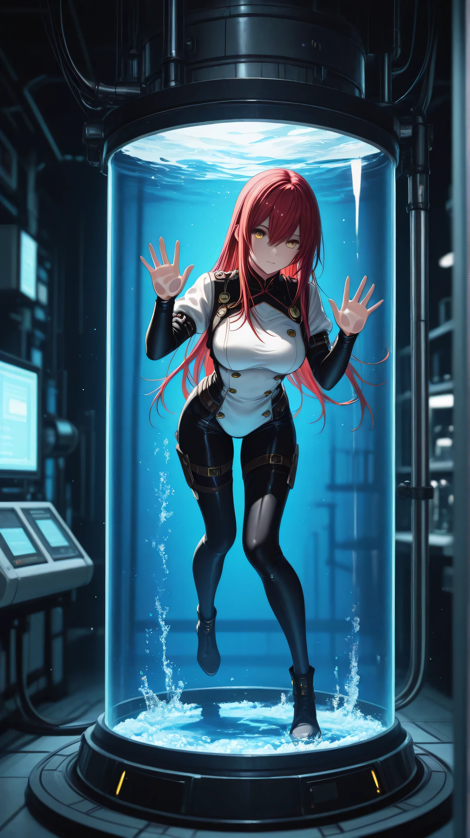 HDR, 8K, high contrast, masterpiece, best quality, amazing quality, very aesthetic, superabsurd res, high resolution, ultra-detailed, absurdres, newest, scenery, lightrays, chiaroscuro, dynamic angle, upper body, male focus, 1 woman , adult , Shana , golden eyes , long hair , (red hair) , (medium breasts:0 . 8) , petite , very cute , beautiful , solo , is trapped in a huge stasis tank, laboratory tank, hands placed against the glass, filled with light blue liquid, under water, floating under water, full body, in a mysterious laboratory, night, photorealistic, volumetric lighting, dappled light, light particles, dramatic shadows, cinematic lighting, photo background, depth of field,