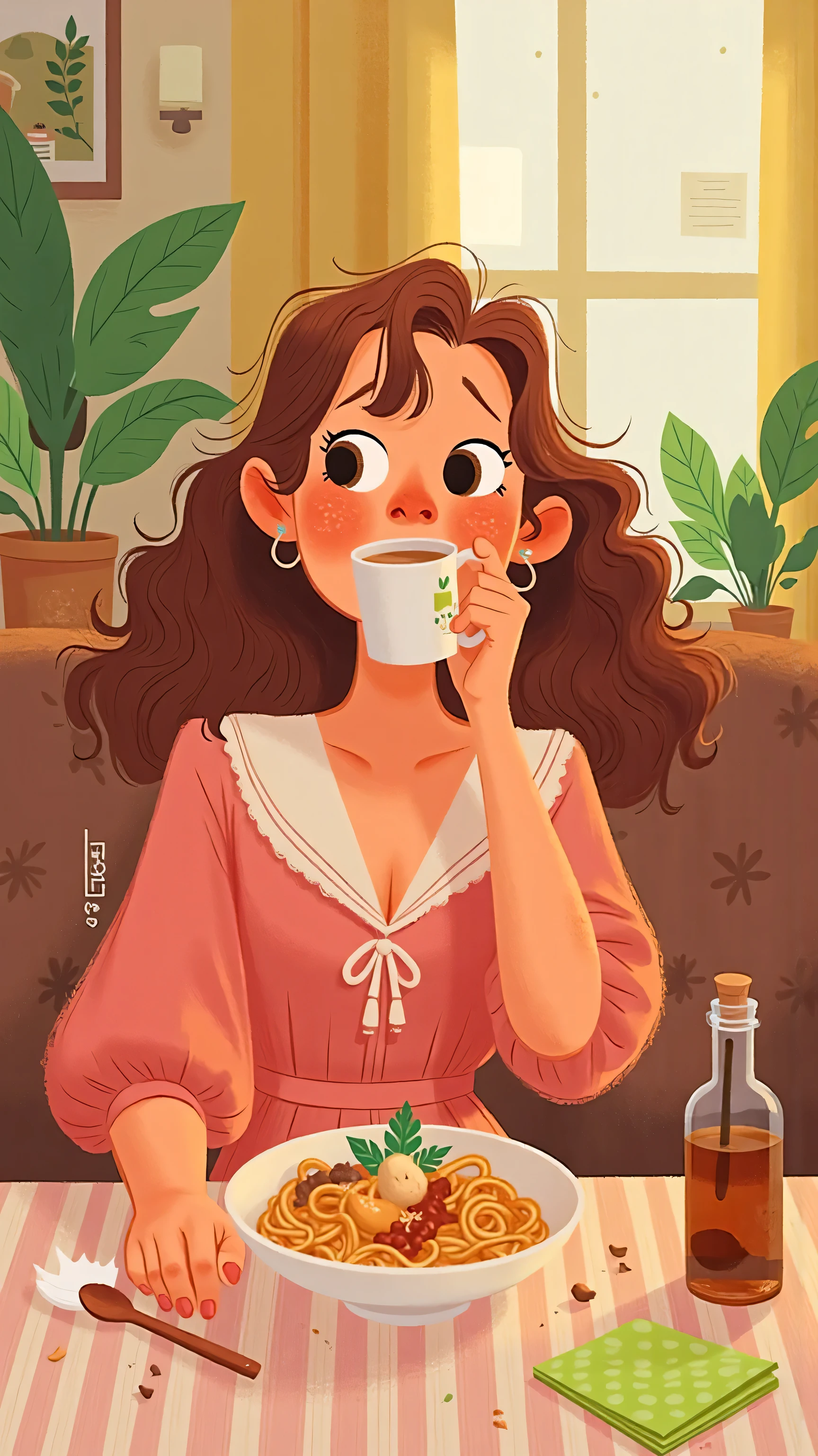 cozy interior medium view front view,A stylish young woman(with long brown wavy hair that is naturally flowing,Brown eyes),Wearing a coral pink silk nightdress(The fabric has fine shiny folds),Look at the face,sits on a soft coffee colored sofa。On the left hand, coffee colored milk tea(white plastic cup with lid),Put it around your mouth;Place your right hand on the table。A bowl of spicy Chinese noodles is placed on the table,Noodle ingredients(peanut icing reflection/Chopped pepper granularity/coriander water droplets refraction)。A cherry-wood spoon is on the table,Vintage vinegar bottle;pink and white vertical striped cotton cloth with fluorescent green polka dot napkins。The background includes a soft curtain、Potted plants and lovely decorations,Clean style,inspired by the illustration,brightly colored,The dining atmosphere is cozy。