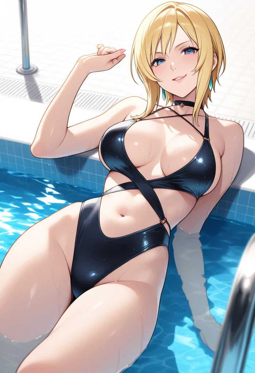 masutepiece, Detailed, Best Quality, Beautiful Girl, very small lace translucent bikini, Shackles, stock, Troubled face, big pool (prison), blonde sexy girl 1girl in, marin kitagawa character, blonde female, Blunt bangs, Big breasts, Amused expression, Looking at Viewer, big butt, mature body, very big , dark pink eyes, small thong, erotic pose, big butt, full body picture, cameltoe, lace lingerie, hard nipples, fully naked, topless
