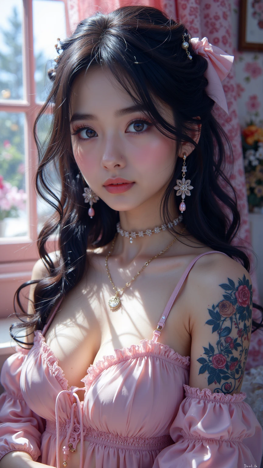 1girl, alone, solitary, high quality, (best quality,4k,8k,highres,masterpiece:1.2),ultra-detailed,(realistic,photorealistic,photo-realistic:1.37),gorgeous hair,fuchsia hair,long curly hair with bangs,sharp eyes,mole under the eye,plump lips,jewelry,(high detailed skin:1.4),(rim lighting:1.3),(lit:1.3),(sunny day:1.3),portrait,beautiful lips,waist-length hair,seductive gaze,moles,casual clothes,colorful clothing,close up,super long hair,choker necklace,tattoos,tattooed,light eyes,bangs,fringe,20 year old,dimples on the cheeks,dimples,fuchsia hair,sharp eyebrows,fuchsiahair,magenta,magenta hair,bright fuchsia hair,lace,elegant