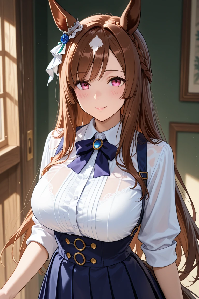 1girl, solo, garden, long hair, chestnut hair, ponytail, large breasts, button down, cleavage, ((light brown vest sweater)), necklate, dark blue eyes, ((white shirt)), ((short sleeved shirt)), checked mini skirt, smile, looking at the viewer, blinding bangs