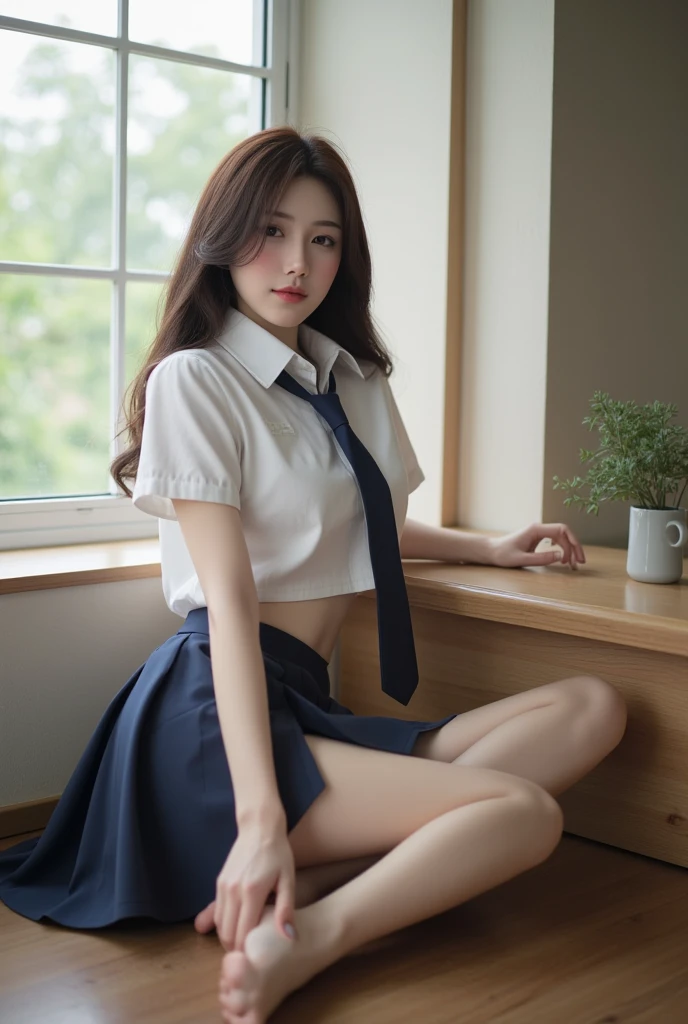 (masterpiece, best quality:1.2), (realistic,photo-realistic:1.4), RAW photo, highres, extremely detailed, intricate details, cinematic lighting, (front view:1.3), Girl sitting on chair, open crossing leg, visible white panties
, (full body,loafers:1.5), large breasts, (fine fabric texture, white shirt, skirt, school bowtie, socks:1.2), detailed eyes, detailed face, fine-textured skin, pale skin, indoors, photo background,