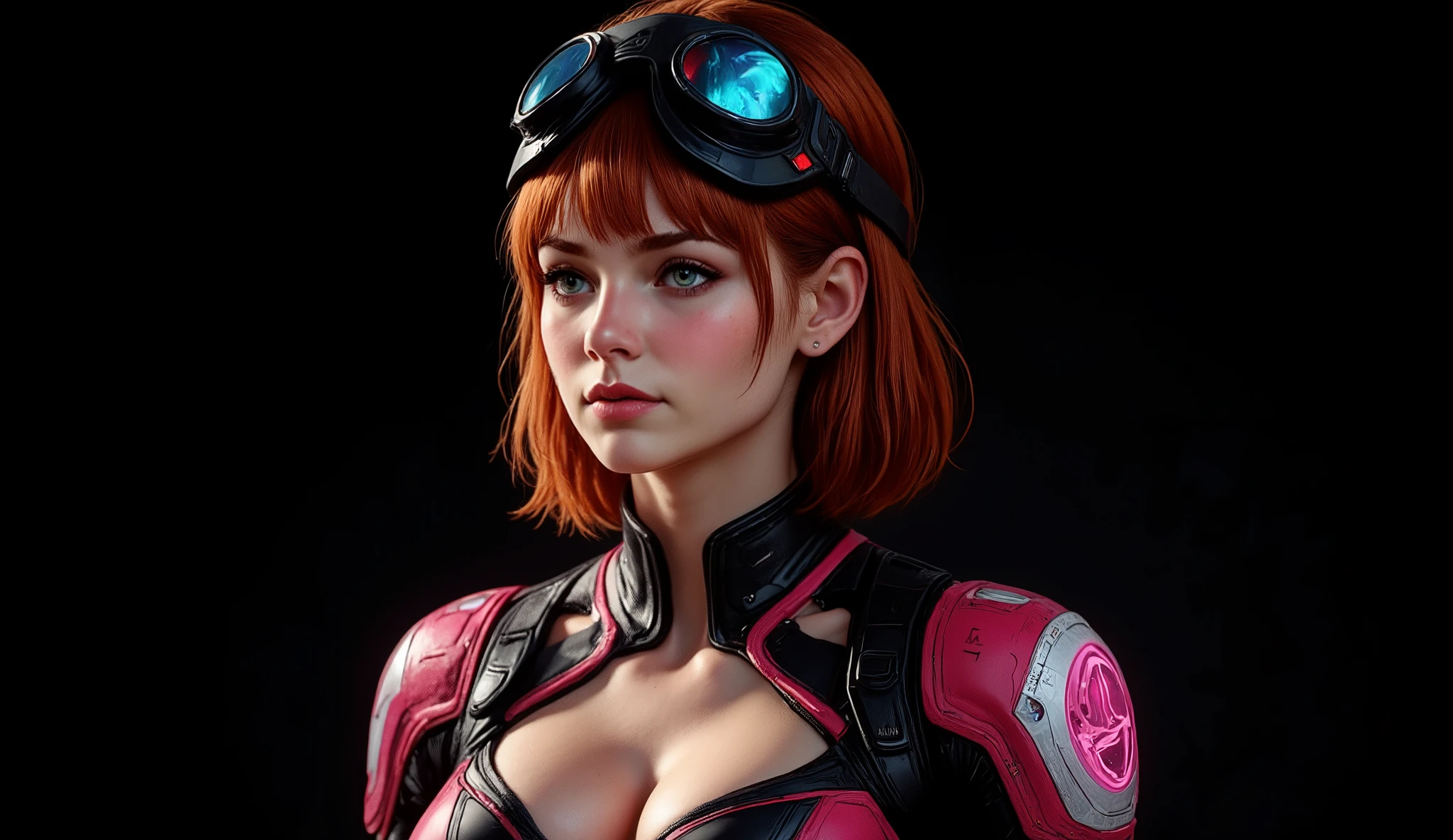 ((artwork, highest quality, highest image quality, high resolution, photorealistic, CRU photo, 8k)),ultra detailed, (realistic, photorealistic: 1.37), ray traced. Best quality, masterpiece, pure black background image. Ultra resolution, Photorealistic 1 Woman, alone, Full body photo, Full body photo, ((masterpiece)), (Highest quality), (Extremely accurate drawing with fine details) (Very accurate rendering) Full body portrait, Retro cyberpunk futuristic atmosphere, pure black background image. (Masterpiece, Photorealistic: 1.4, Extremely Intricate: 1.3), (Photon Mapping, Radiosity, Physically Based Rendering, Ultra Resolution, Hyperrealistic, Photorealistic: 1.4, Hyperrealistic, 8k), ((((20 year old battle damaged translucent red and black breastplate armor, Pastel pink and white cybernetic armor, Large breasts, Revealing cleavage of the breastplate, A look of pure sensuality and beauty, A very beautiful woman, A sexy 18 year old woman, Standing in front of the camera, The woman has orange-red hair, with bangs, She wears a special helmet with a transparent polymer visor, Blue holographic texts are reflected on the helmet's visor, Clad in futuristic advanced cybernetic armor, revealing the warrior's imposing bust. Her eyes are green and detailed, Full lips are moist and pink. Depth of field, Cinematic lighting, Reflected light, Bright light, Ultra High Definition, Retina, Masterpiece, Necessary, Textured skin, Super detail, High quality, High level of detail, Maximum quality, Award winning, High resolution. This is a sexy 18 year old Ukrainian model wearing a state-of-the-art cybernetic armor. She looks at the viewer out of the corner of her eye. (((Very innocent smile))), Detailed skin, (((Regions))), Extremely revealing. She looks curiously into the camera. Extremely beautiful, posing sensually. Pure black background, ideal for wallpaper. Dynamic, elegant and expressive pose. She holds in her hands a highly advanced futuristic assault rifle.