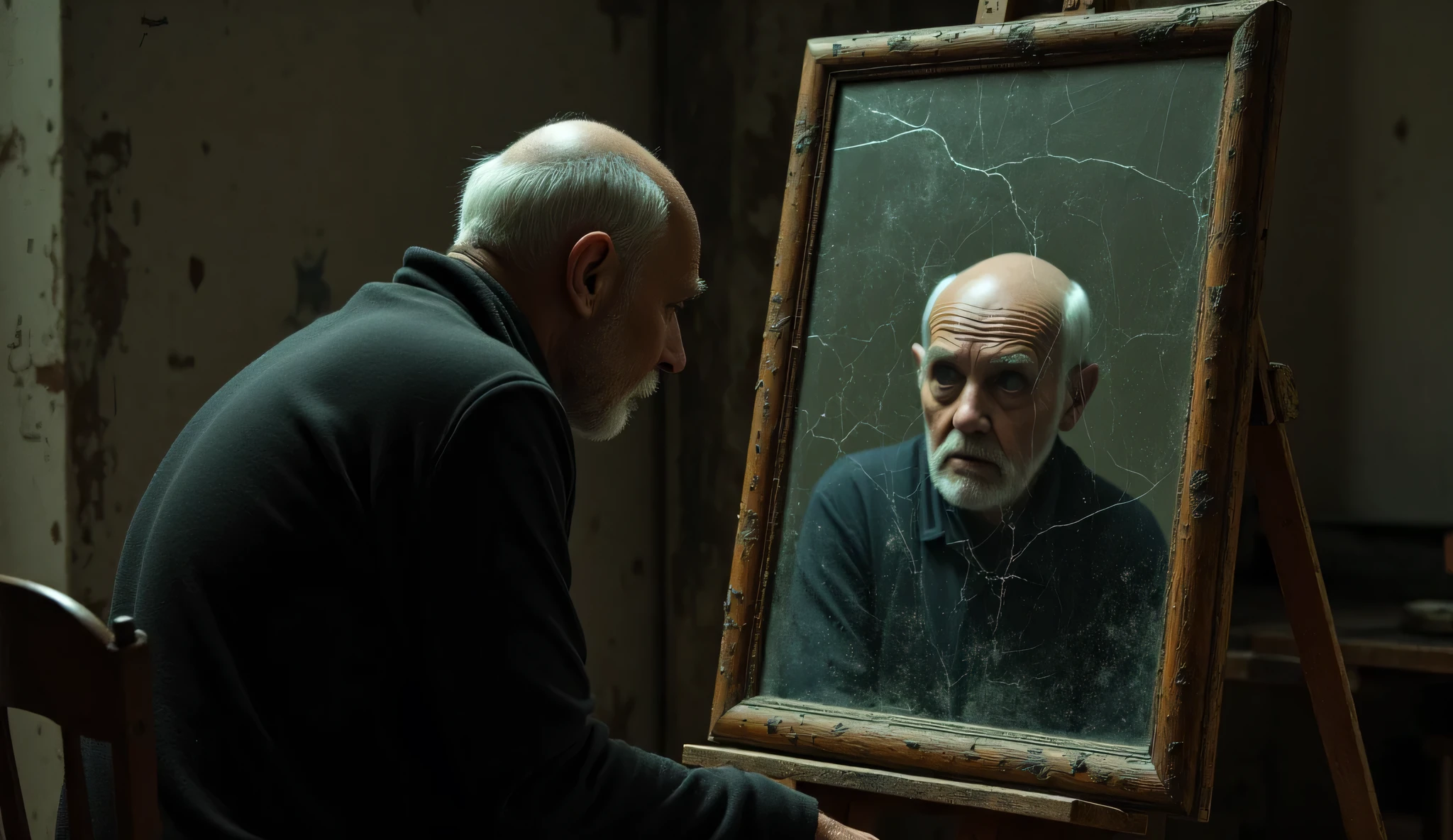 in an old, shabby workshop stands dusty, a cracked mirror. An old artist sits in front of him, his hunched figure is frozen in dim light. tired face, wrinkled, Full of anguish, but when he looks into the mirror, , the reflection of an unnaturally blurred, like in his paintings.
The main focus is his reflection:
The face in the mirror is clearly drawn — the nose, mouth, cheekbones, hair — everything looks realistic. But the eyes aren't at all.
Instead of eyes — empty black dips, like holes in reality, fully absorbing light.
There is an oppressive silence in the room, is as if the mirror itself is whispering silent words, and the reflection is watching the artist from across the edge of reality.