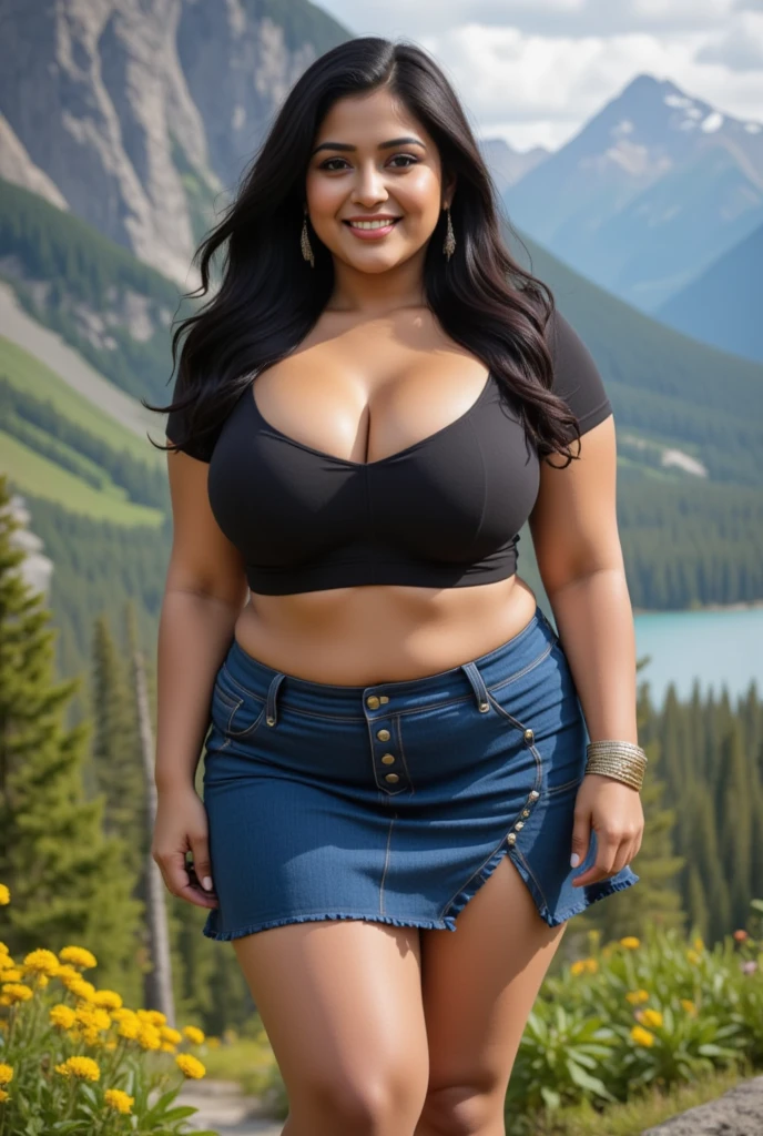 handsome and beautiful chubby black woman smirking with natural brown hair half body shot wearing a black t-shirt and jeans, mountains in the background