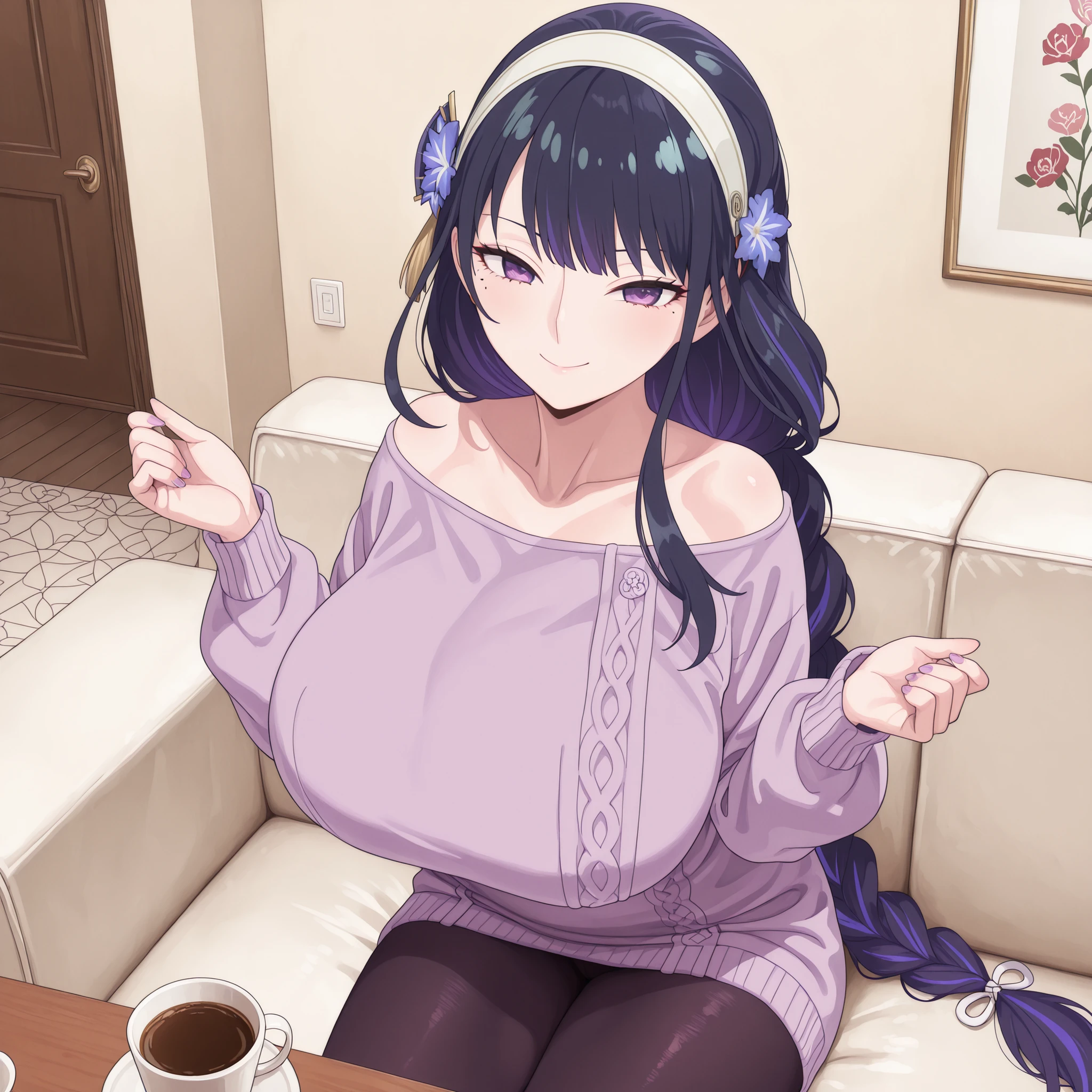 masterpiece, high quality, top quality, very aesthetic, absurd, raiden shogun, braid, headband bun, long hair, one mole, one mole under eye, purple eyes, purple hair, Off shoulder sweater , Off-shoulder drees sweater , medium long drees sweater , Off shoulder sweater , purple sweater, shiny black pantyhose, sitting on the sofa holding a cup of coffee, beautiful purple eyes, long purple hair, very big breasts, serious face, sexy pose, solo woman, anatomical details, drawstring, beautiful purple eyes, purple hair, smile, sexy, indoor, best quality, good eye, solo woman , livingroom , look a viewer, plump thighs, perfect background, Oppai / Large breasts slim body, seductive pose, , only one woman, perfect big thighs, beautifull apartment livingroom, side, 4k resolution, ( yor briar clothes), side, decorative flowers on the table