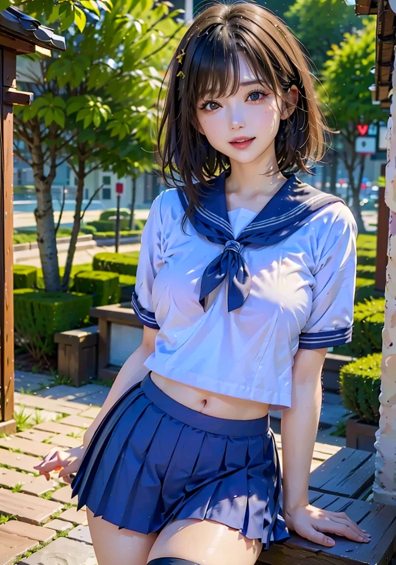((Highest quality, 8k, masterpiece :1.3)), 1 innocent girl:1.3, (short hair,Sailor suit,Beautiful breasts :1.2), Ultra mini skirt, Highly detailed face, Beautiful Eyes, double eyelid,whole body,Cute Face,(Sitting on stone steps),(Realistic Face),(Realistic Skin),Smart Body,Hips facing forward,half Japanese and half European,Sexy features,((iridescence))