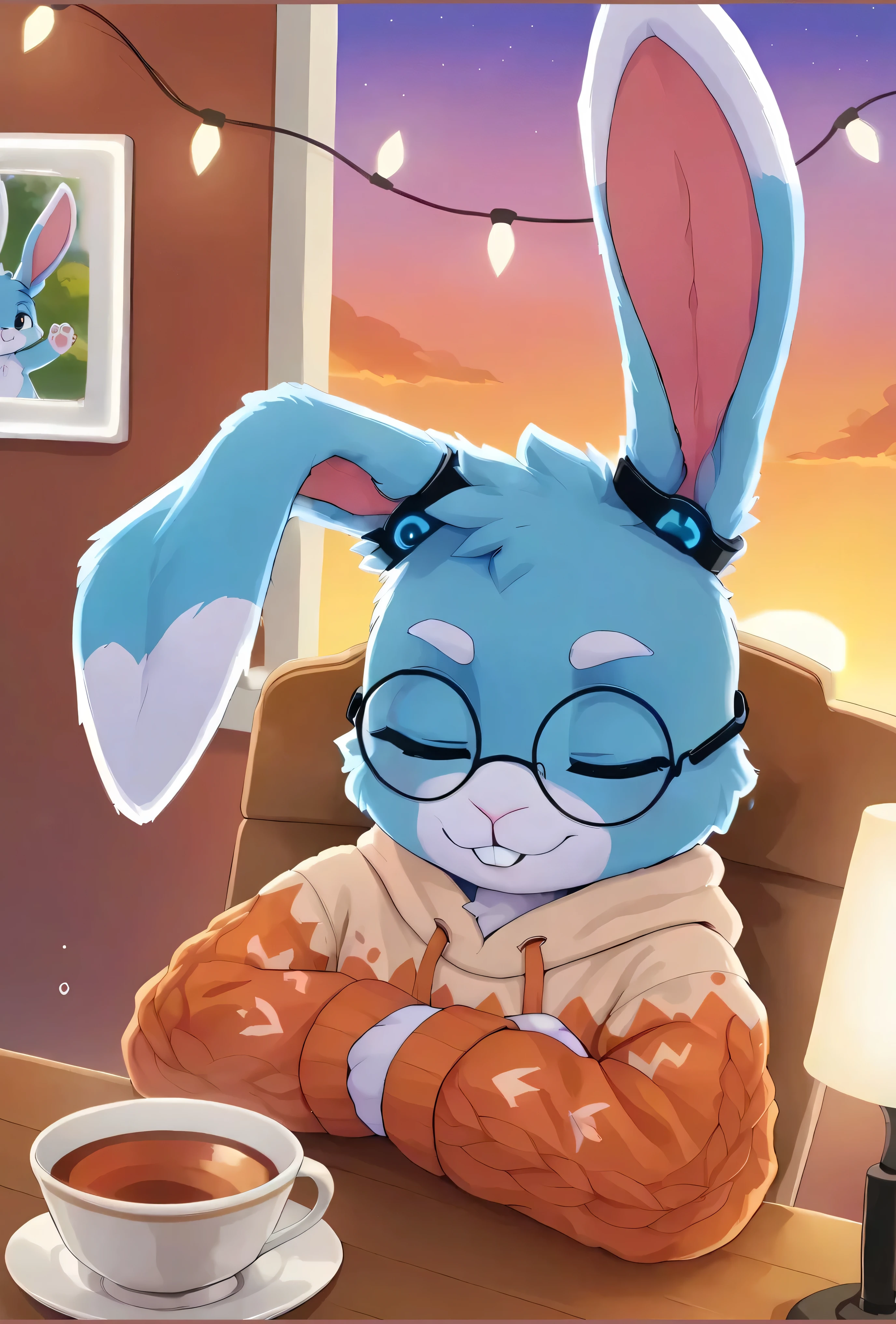 [3.0K💕] 🐰 [Generating 3 Test*] - masterpiece, ultra-detailed, masterful, mythical, beautiful, Stunning, Captivating, Enchanting, Mesmerizing, Intriguing, cozy room, indoor, lofi anime illustration style, soft lighting, warm tones, sunset sky outside the window, raindrops on glass, glass relfections, glowing orange and purple sky, warm desk lamp, soft shadows, peaceful indoor atmosphere, solo, (KuroRabbi, rabbit, anthro, DTkr, furs, buckteeth, slender, blue fur, paw, floppy_ear relax ear_down) ((closed_mouth with buckteeth)), wearing warm hoodie, round glasses, cozy autumn sweater, ((DTkr wearing bunny_earbud:1.2)), sleeping face down on desk, peaceful expression, tea cup on desk, blanket draped over chair, wooden table, fairy lights,