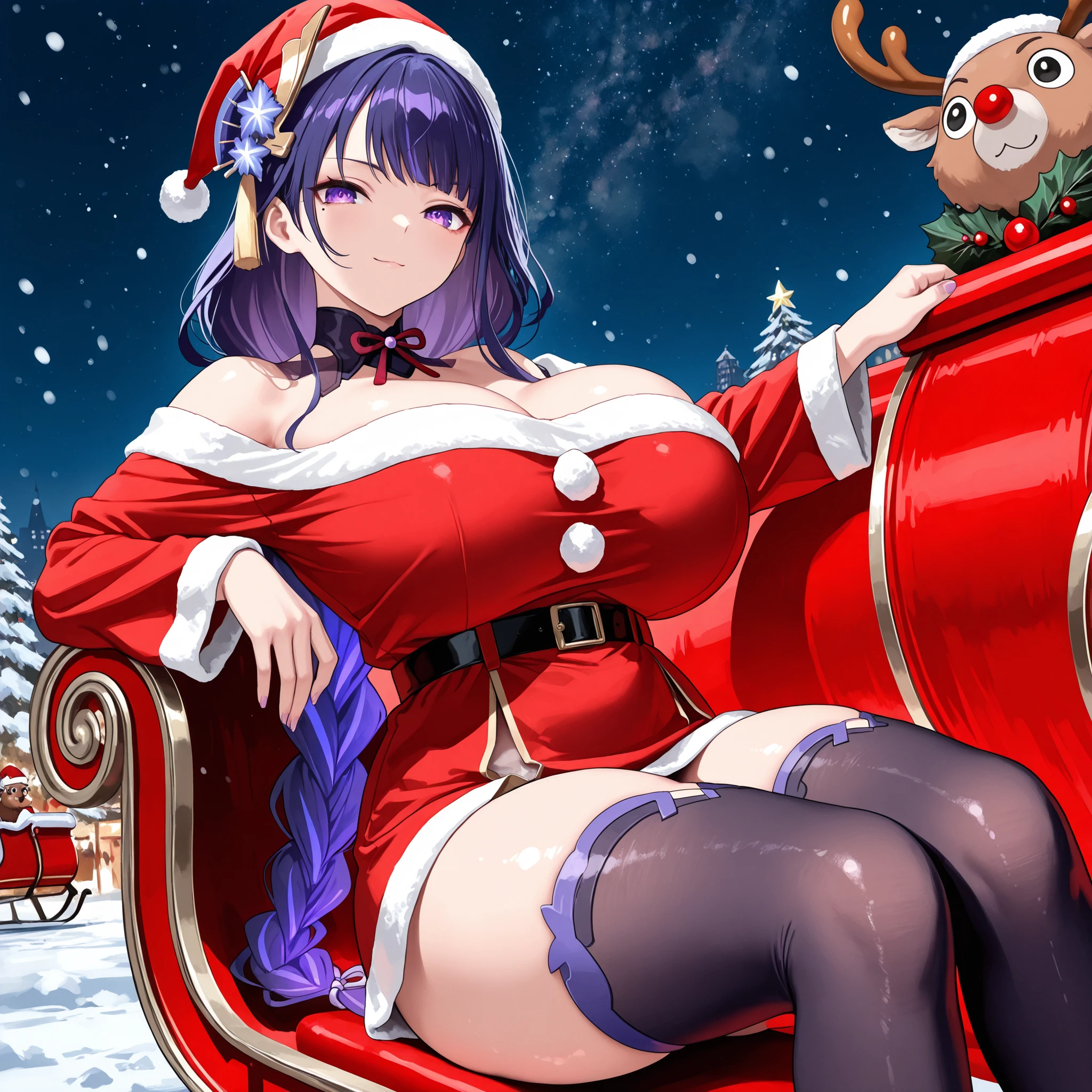 (8k, best quality, tmasterpiece:1.2),\(eye detailed\),\(Facial features\),(\(Clothes detail detailull body),(1 girl:1.3),(solo),(/purple hair:1.1/),long wave hair,(maroon eyes),(/gigantic breasts:1.3/),(Christmas_sexy_Outfit),(/Christmas bikini:1.4/),(santa hat:1.5),(red bikini:1.3),(skin:1.2),(Christmas string lights criss-crossed several times around the waist:1.3),(slim waist:1.3),(Colorful LED lights:1.3),(groin,Looming),(thick thigh),(spreading legs:1.35),(riding squat:1.34),Christmas party,