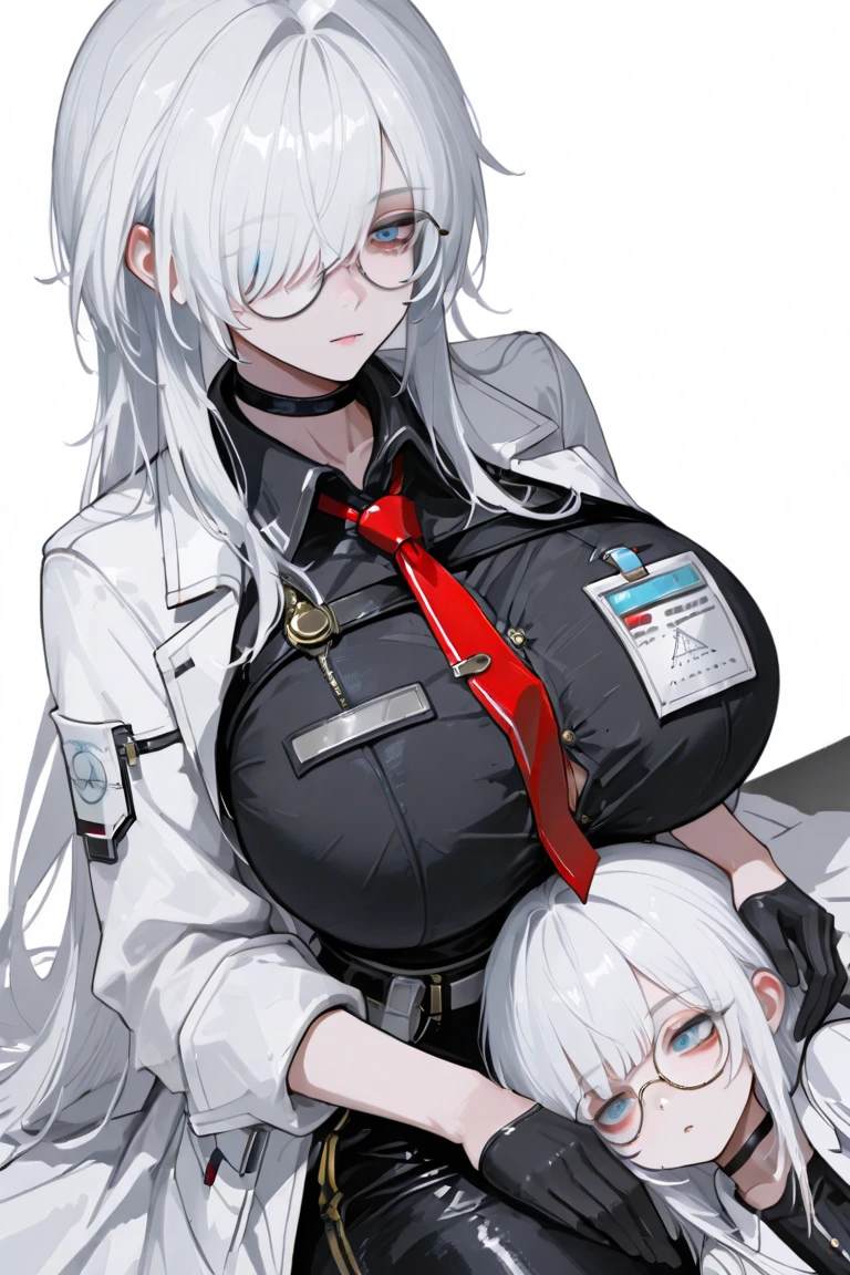 masterpiece , best quality , 1 sexy girl , (1 goose:1.2) , lab coat, doctor's white robe , (covered nipples:0.9) , (gigantic tits:1.2) , (thick arm:1.1) , thick thigh , gigantic hip , (white hair:1.1) , (plump:1.1) , surrounded by sci-fi machinery and monitor , (black glasses:1.1) , (evil smile:1.1) , (holding red crystal:1.2) ,