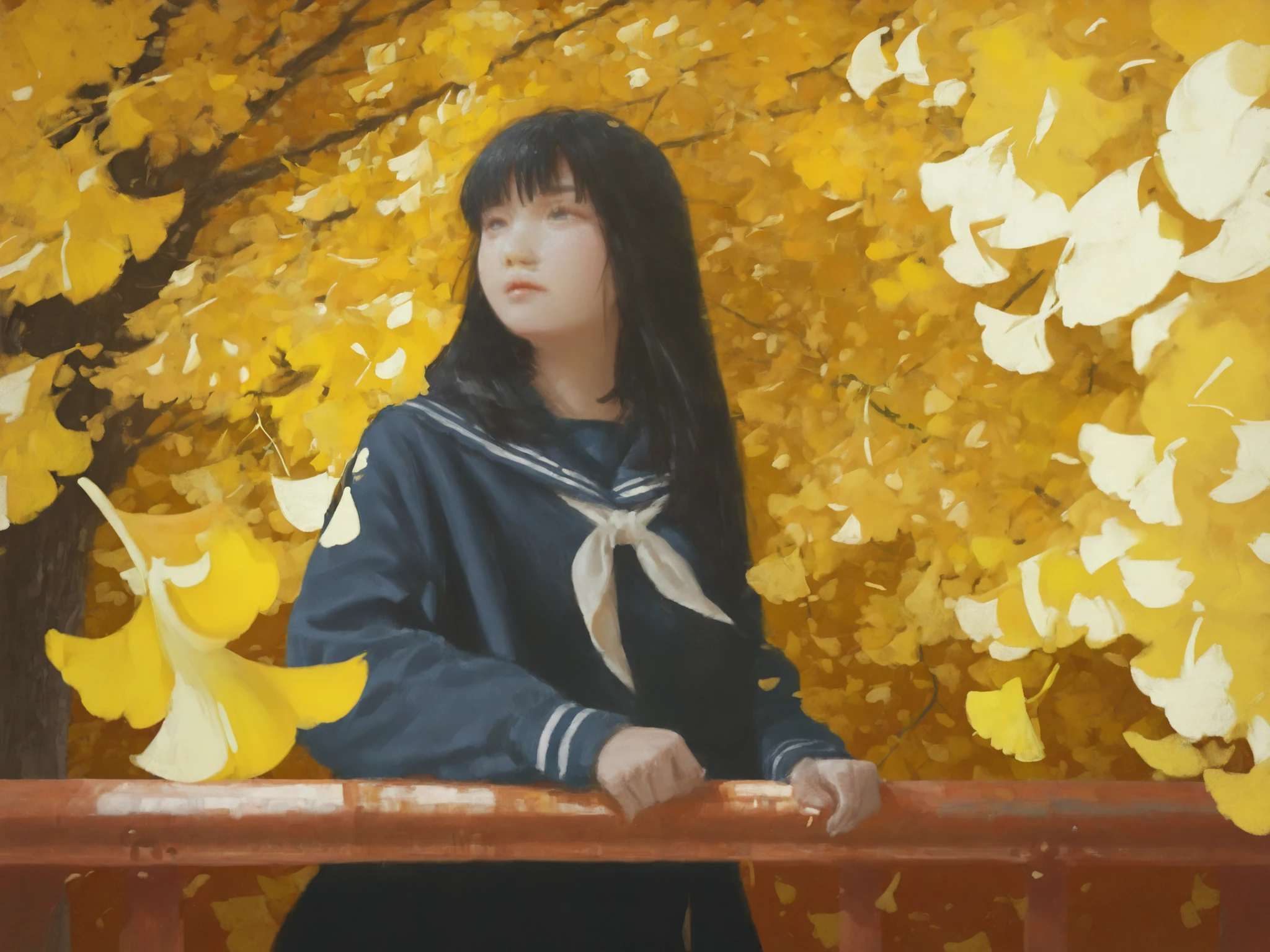 HDR, 8K, high contrast, masterpiece, best quality, amazing quality, very aesthetic, painting artstyle, realistic, newest, hyperdetailed painting, brushstrokes, digital painting,
BREAK
bounce light, hyperdetailed, detailed hair strands, detailed fibers, aesthetic, 8k wallpaper, detailed, masterpiece, best quality, amazing quality, very aesthetic, absurdres, 8K,masterpiece, great colors, color theory, great lighting, great composition, flawless. 1girl, Hime cut, black hair, bleached hair, grey eyes, school outfit, looking to side, leaves in the wind, sharp sunlight, windy, tree shade, railing, japanese road background.