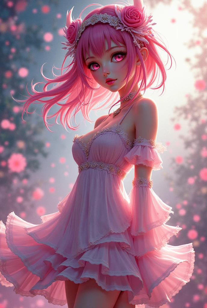 Create an adorable candy princess (garments: vestido de princesa dos doces) em uma floresta encantada (Ambiente: floresta encantada). Your hair is like a cascade of cotton candy hair (Cabelo: cotton candy hair). Ela segura um guarda-chuva de sorvete, e ao seu redor, magical creatures like marshmallow rabbits and cookie squirrels accompany her.