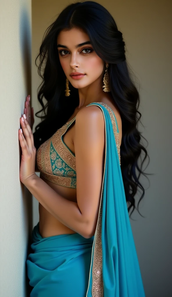 a woman in a sari posing for a picture, age 30,weddings dress , indian goddess, traditional beauty, indian, beautiful goddess, ornate cosplay, indian style, indian super model, beautiful maiden, gorgeous woman, south east asian with long, provocative indian, gorgeous beautiful woman, intricate outfit, hindu aesthetic, beautiful asian girl, extremely detailed goddess shot, jaw-dropping beauty, sexy navel, sexy indian women, perfect in sexy, jewelry, shy, 4k,photorealistic, portrait, 70mm, golden light, teal blue dress,