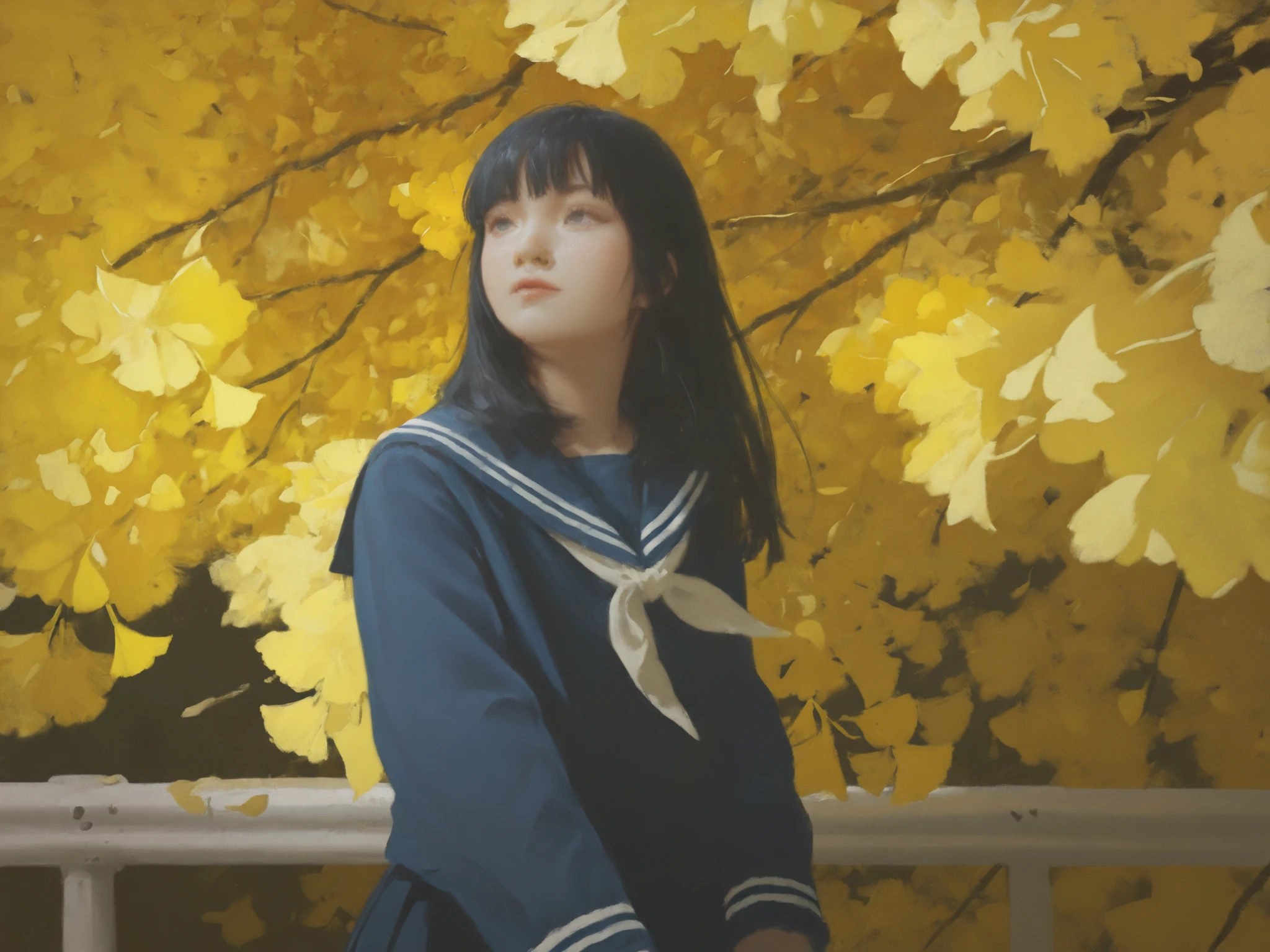 HDR, 8K, high contrast, masterpiece, best quality, amazing quality, very aesthetic, painting artstyle, realistic, newest, hyperdetailed painting, brushstrokes, digital painting,
BREAK
bounce light, hyperdetailed, detailed hair strands, detailed fibers, aesthetic, 8k wallpaper, detailed, masterpiece, best quality, amazing quality, very aesthetic, absurdres, 8K,masterpiece, great colors, color theory, great lighting, great composition, flawless. 1girl, Hime cut, black hair, bleached hair, grey eyes, school outfit, looking to side, leaves in the wind, sharp sunlight, windy, tree shade, railing, japanese road background.