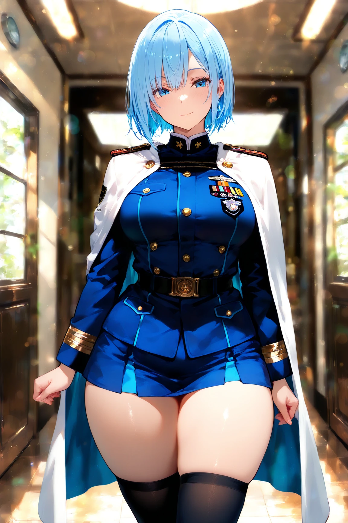 nsfw,franxxstrawberry, strawberry, blue hair, (green eyes:1.5), hair ornaments, hair clip, short hair, 
break beret, have, army, army uniform, uniform,
break looking at viewer,
break indoors, classroom,
break (masterpiece:1.2), highest quality, High resolution, unity 8k wallpaper, (figure:0.8), (detailed and beautiful eyes:1.6), highly detailed face, perfect lighting, Very detailed CG, (perfect hands, perfect anatomy),