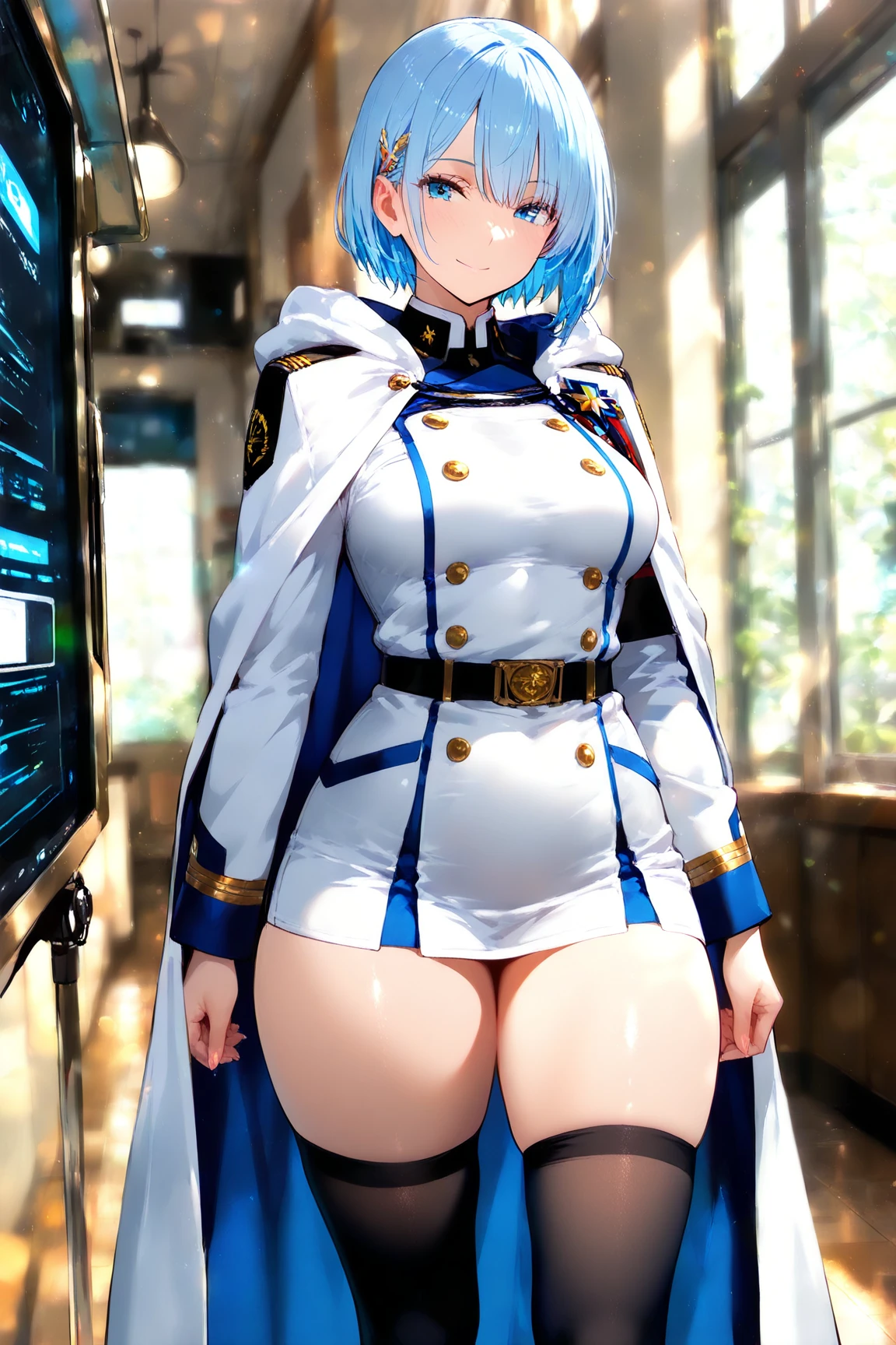 Curly and light blue hair、hime-cut、Girl with golden eyes、View of the crotch from below、flat chest、Thin pubic hair、Beautiful open legs、Red military uniform