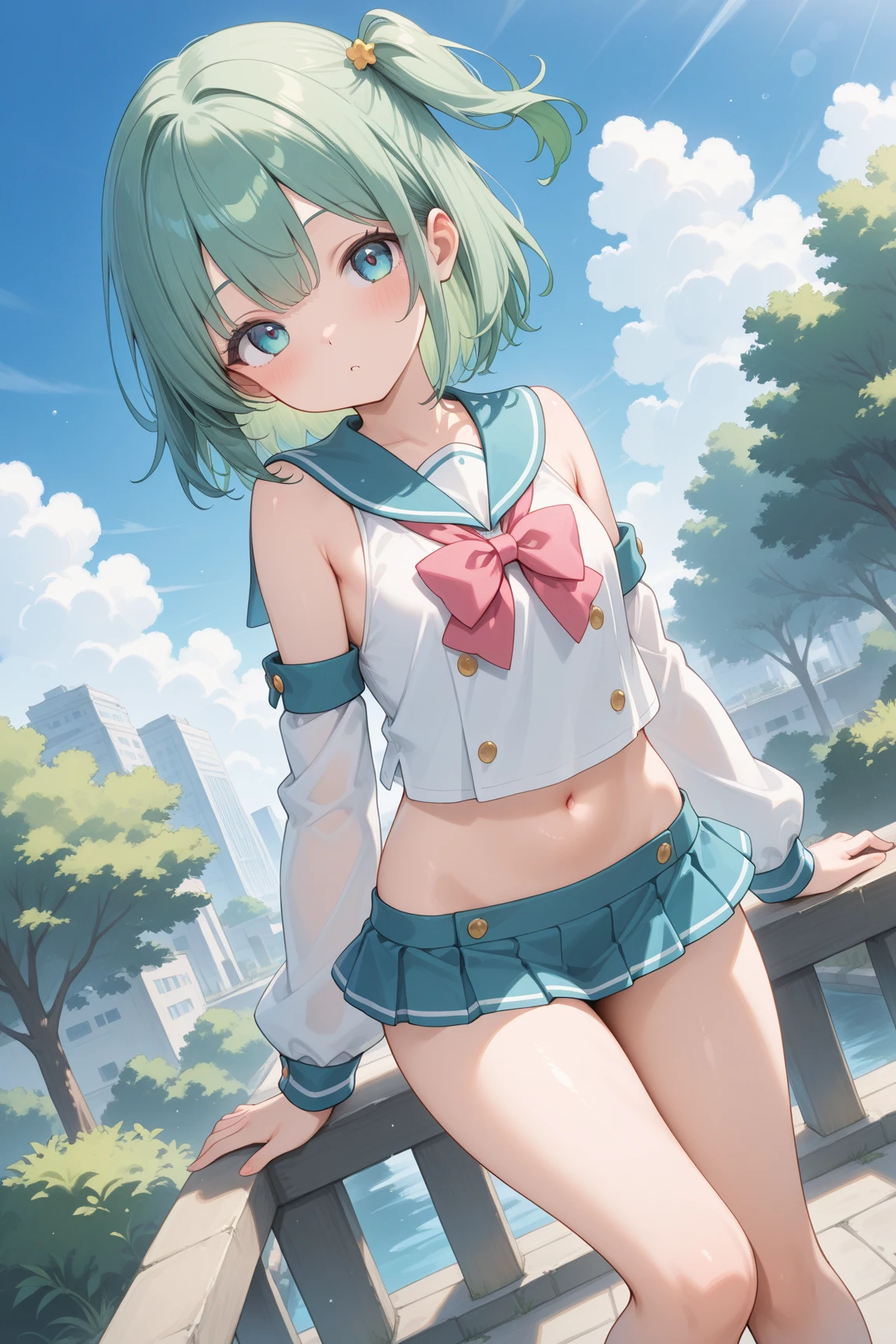 Highest quality,masterpiece, best resolution, nsfw, 1 girl, sailor uniform, topless, flat chest,pink nipple, belly button,outdoor, blush, standing, horse ears, horse tail