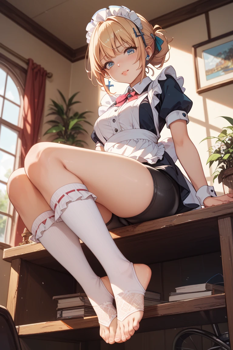 realisticlying，1girl，White hair，Purple eye，glowing light eyes，Cut the top，a skirt，parted lip，Be red in the face，the night，fresh flowers，suns，rays of sunshine，White stockings
