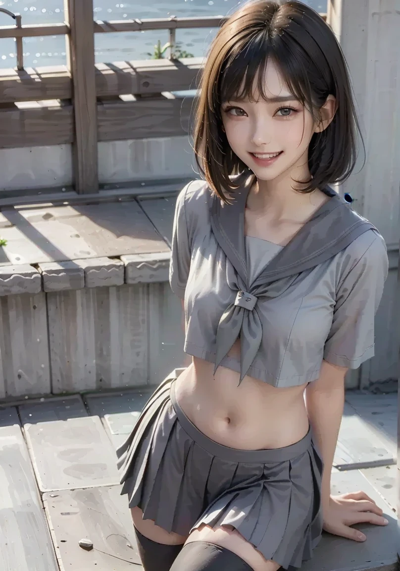 （8k、RAW Photos、highest quality、masterpiece：1.2),(Spread your legs wide,Legs wide open),(Long Bob Cut),Viewed from the front,strong,erotic,White skin,knees,Absurd,Small face,Embarrassed face、前hairを真ん中から分ける,highest quality、超A high resolution,White underwear,cute,ＪＫ ,high school girl,uniform、Japanese women,Are standing,（Realistic：1.37）、Photon Mapping,Realistic、cute顔,茶色のeye、Physically Based Rendering、prospect、Written boundary depth、blurred background,girl、body,Beautiful legs, Long legs,Tie your hair into one strand on your chest,(前hairが見える), hair, lips, green_eye, Soft nose,(Light blue shirt), thigh,Cleavage、Unbutton your shirt to reveal your chest、Roll up the skirt yourself、
