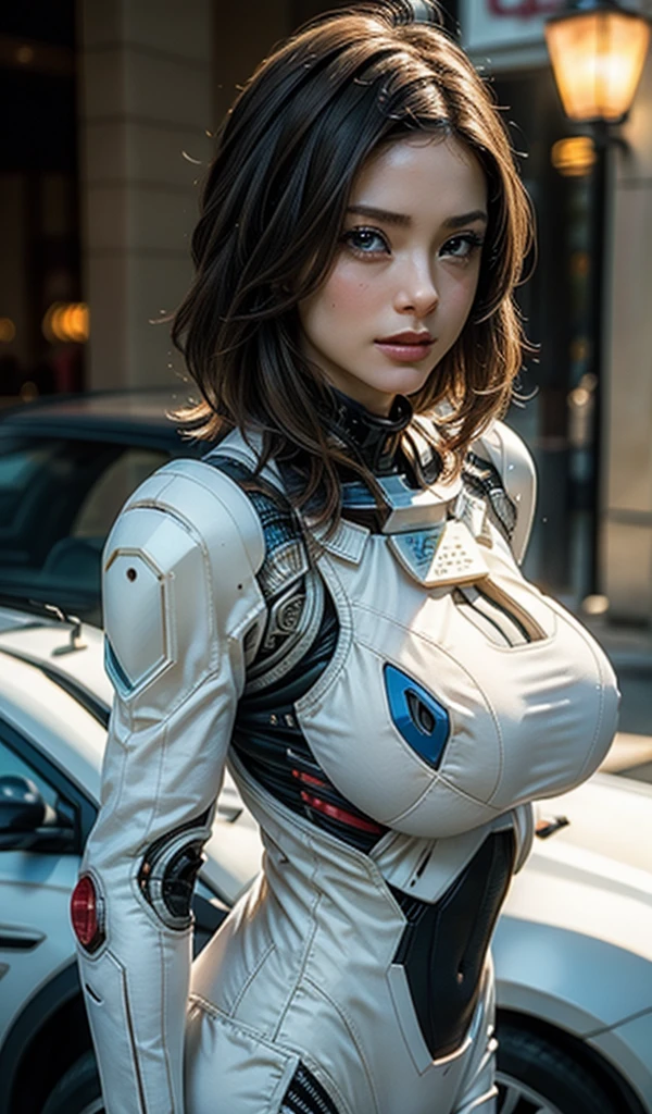 masterpiece, Highest quality, Ultra-realistic, Ultra-detailed, ((8K resolution:1.2)), RAW Photos, Sharp focus, (One girl), alone, ((Gorgeous face:1.2)), Perfect body, Mature Woman, Age 25,  Portraiture, Mecha, White and Red Armor, Nanosuit, sexy, Messy Hair, Cinematic, Cinematic light, ((Natural big breasts:1.4)),((Upper Body))