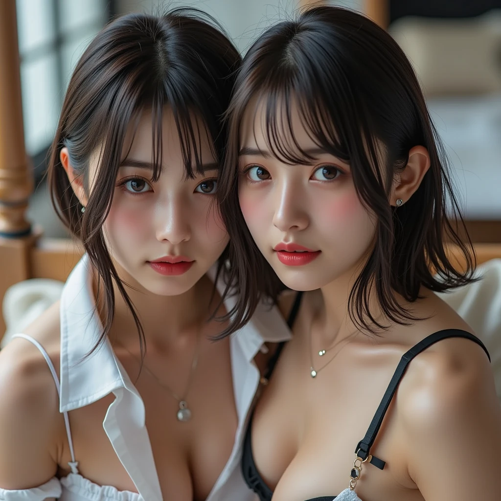 (best quality, high quality:1.4), very pretty face, And very pretty eyes, cute images, nice image, Beautiful, Adorable, crazy about love, pale skin, (real、photorealistic:2.0)、(masterpiece)、(highest quality:1.8)、(ultra high resolution:2.0)、(Live shooting:1.5)、BREAK is、((highest quality、ultra high resolution、masterpiece:1.8))、(写真real:1.8)、(hyper realistic:2.0)、(Beautiful woman with perfect style 1.8)、(slender:1.5)、(beautiful breasts:1.5)、Natural light、detailed face、(Highly detailed face and skin texture:1.5)、(Highly detailed body and skin texture:1.5)、detailed eyes、(short hair braids:1.5)、(exposing nipples:1.8)、(exposing breasts:1.8) BREAK (very pale skin:1.9)、(18-year-old:1.8)、(Bodysuit that looks like it will come off:1.8)、(cinematic light:1.5)、(cute face:1.5)、(baby face:1.6)、(black tight rubber suit:1.8)、(first round:1.3)、(a shy look:1.8)、(shyness:1.8)、(model body shape:1.3)、(cute face like an idol:1.8)、(small face:1.8)、(beautiful girl:1.5)、(lower the bodysuit below the chest:1.6)、(breasts exposed:1.7)、(nipples are exposed:1.7)、(show off your chest:1.5)、(emphasize the chest:1.5)、(Doesn't cover the nipples:1.5)、(tits:1.5) BREAK is (sexual acts between women:1.8)、(two women flirting:1.8)、(Bian:1.7)、(the most beautiful girl on earth:1.8) BREAK is (Bodysuit that cuts into your skin:1.5)、(natural big :1.3)、(beautiful proportions:1.5)、BREAK is (Luxury Lounge:1.5)、(いやらしい2人のbeautiful girl:1.7)