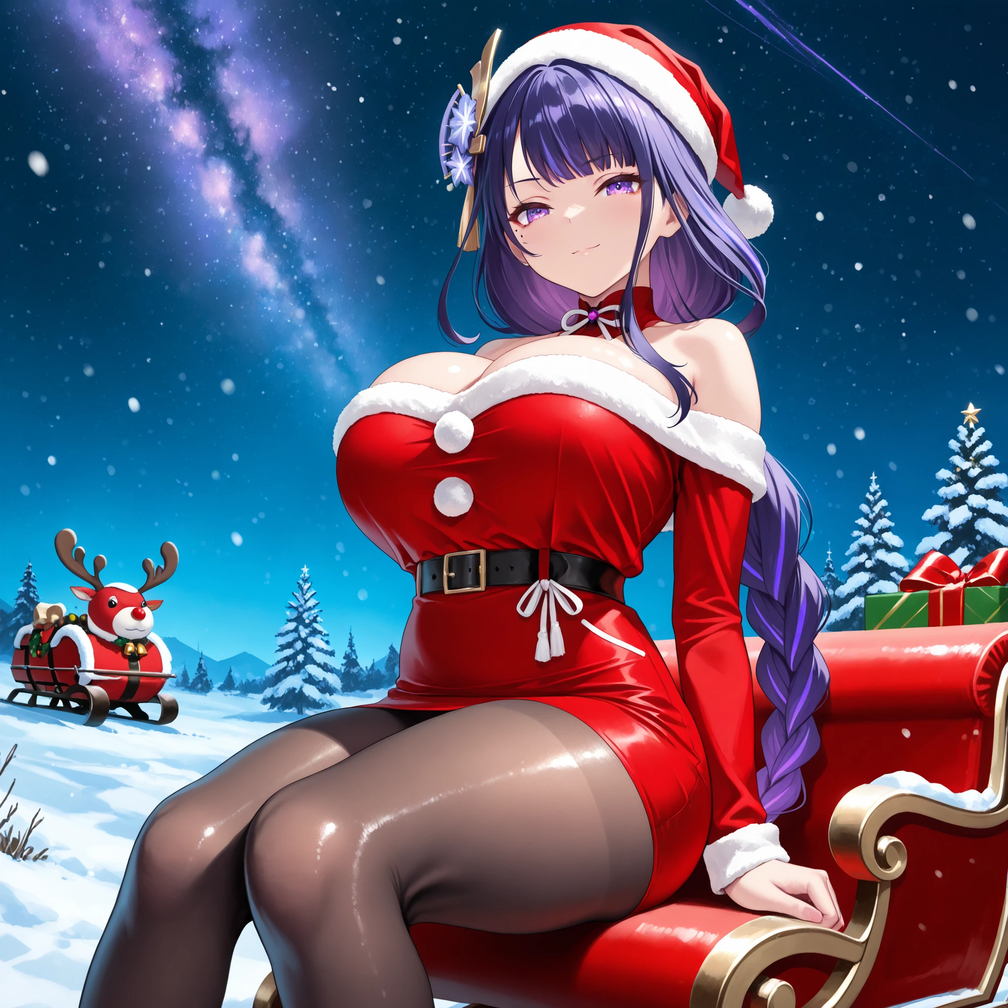 masterpiece, high quality, top quality, very aesthetic, absurd, raiden shogun, braid, headband bun, long hair, one mole, one mole under eye, purple eyes, purple hair, Santa Hat, santa costume, Off shoulder , Off-shoulder drees , pencil mini skirt, shiny black pantyhose, sitting on the Santa's Reindeer Sleigh, beautiful purple eyes, long purple hair, very big breasts, serious face, sexy pose, solo woman, anatomical details, drawstring, beautiful purple eyes, purple hair, smile, sexy, indoor, best quality, good eye, solo woman , look a viewer, plump thighs, perfect background, Oppai / Large breasts slim body, seductive pose, , only one woman, perfect big thighs, Fly in the sky with Santa's reindeer sleigh, side, 4k resolution, night sky, winter night sky, snow, flying in the sky , side angle