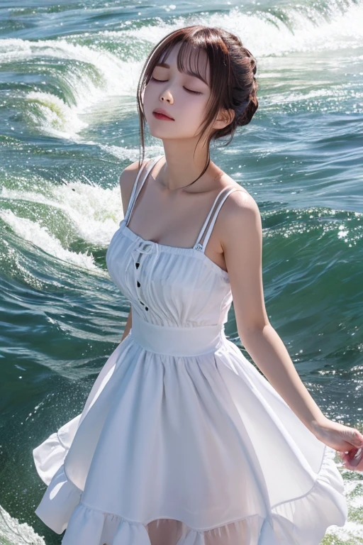 A sweet girl by the yatch luxury at the sea，voluminous hair，Delicate face，Photorealsitic，of a real，largeaperture，wears a white dress luxury，A cropped dress，Off-the-shoulder，A dress around the neck，Slim，smiles，Ultra-high resolution, Blurred background