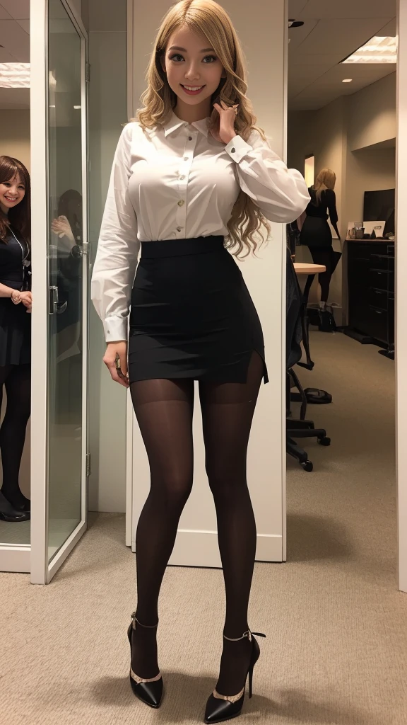 Stiletto heels,wavy and long hair,White shirt,blue skirts,Heavy makeup,Redlip,White skin,mature, The cleavage is deep,being thin,full bodyesbian,very Bigger breasts,Long legs,You can see the whole body,Bright flesh-colored pantyhose,By bangs,Skin color pantyhose,In the bathroom