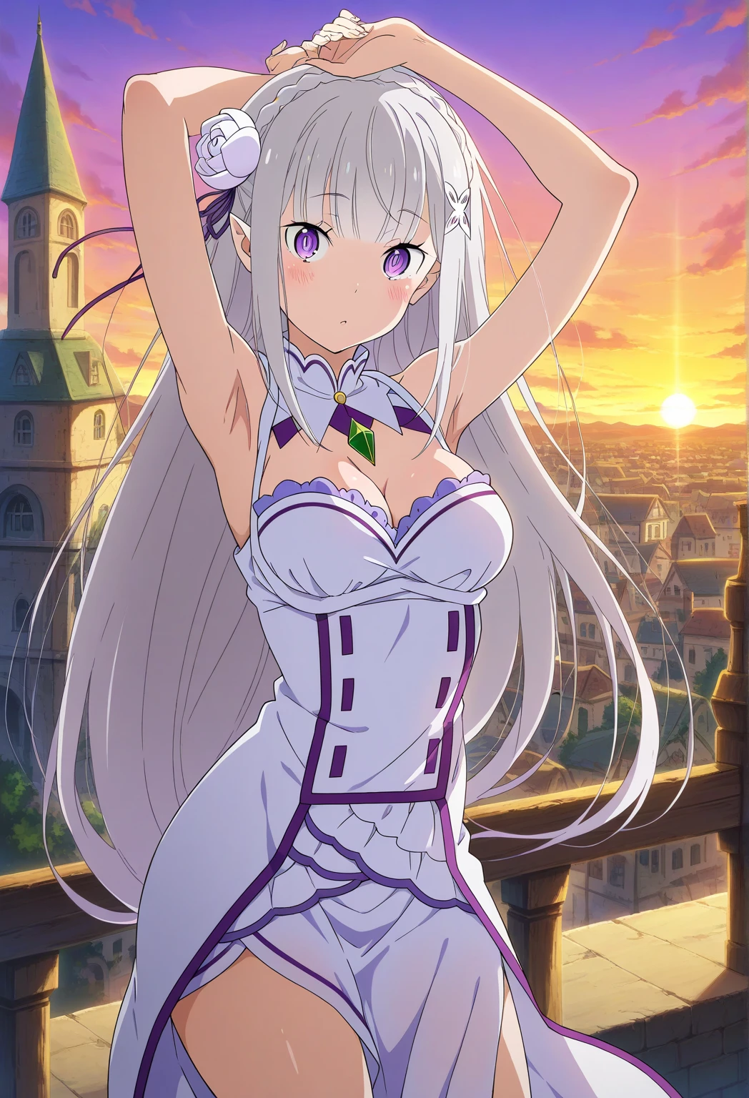 masterpiece,playboy bunny,black garter straps,leg_garter,lace legwear,1girl,bishoujo,stareEmilia re:zero, purple eyes, Emilia, crown braid, x hair ornament, flower hair ornament, white hair, long hair, medium breasts,,beautiful detailed eyes,long hair,white hair,silver_hair,Wing-like bangs,ahoge,Hair rings,braid, cold