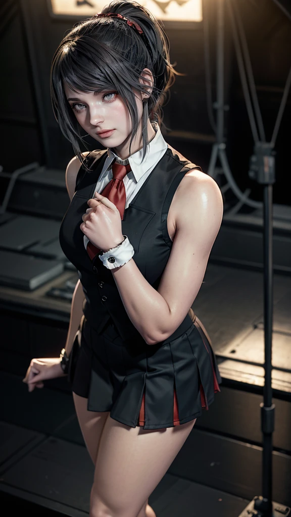 pretty, young, girl, long hair, black hair, red color eyes, bangs, dark shirt, sleeveless, white collar, red tie, very small breast, black gloves, black skirt, upper body, white skin, 30 year old, beauty, 1 girl, intimidating, look put hands behind head, armpits, armpits visible,