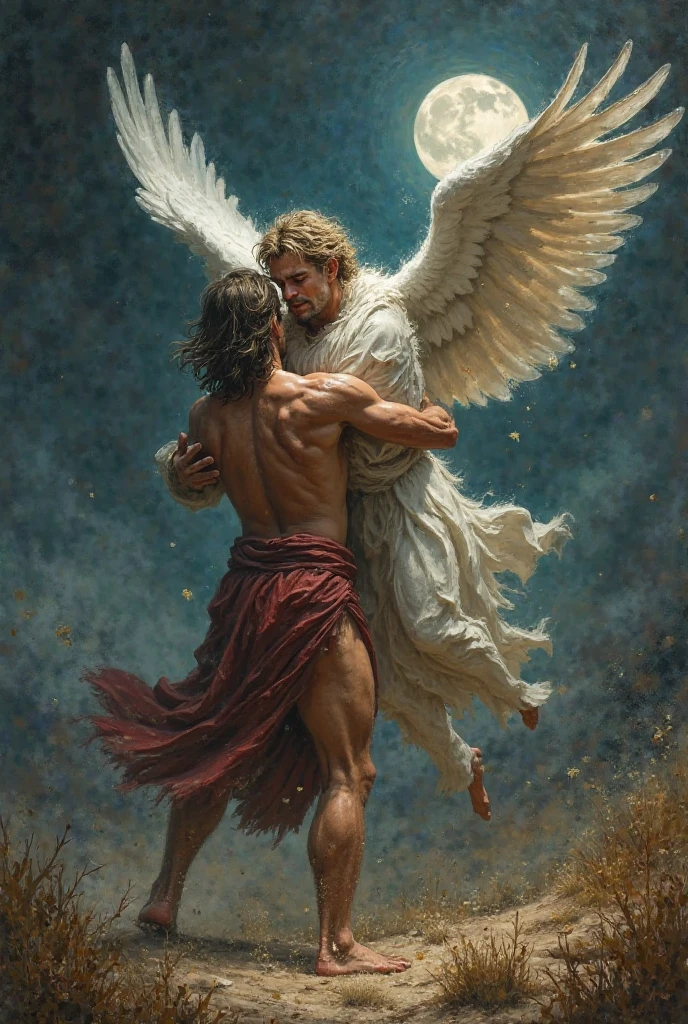 Biblical character Jacob, aged 40, wrestles with an angel who wounds him in the thigh 
