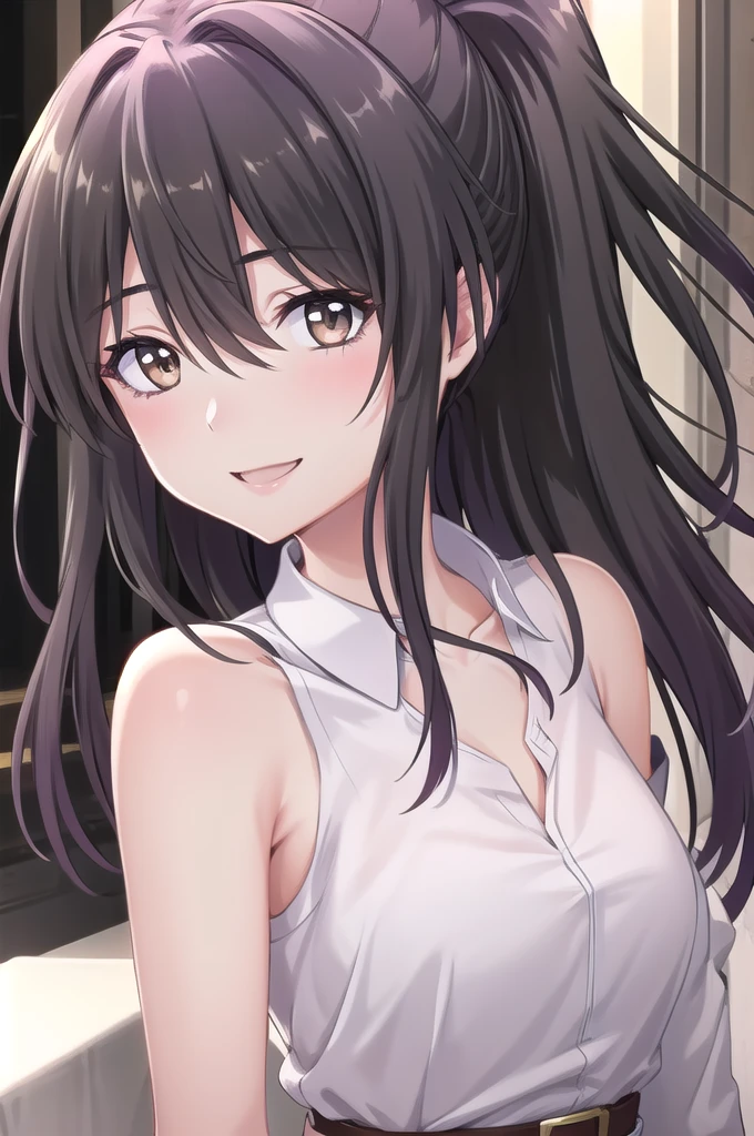 (masterpiece), (cowboy shot), (best quality, ultra-high resolution, depth of field:1.2), (perfect anatomy), (young), 1woman, (brown eyes), bright pupils, black hair, long hair, (hair between eyes), bangs, (purple under-eye makeup), baggy clothes, park scenery, sunset, smiling