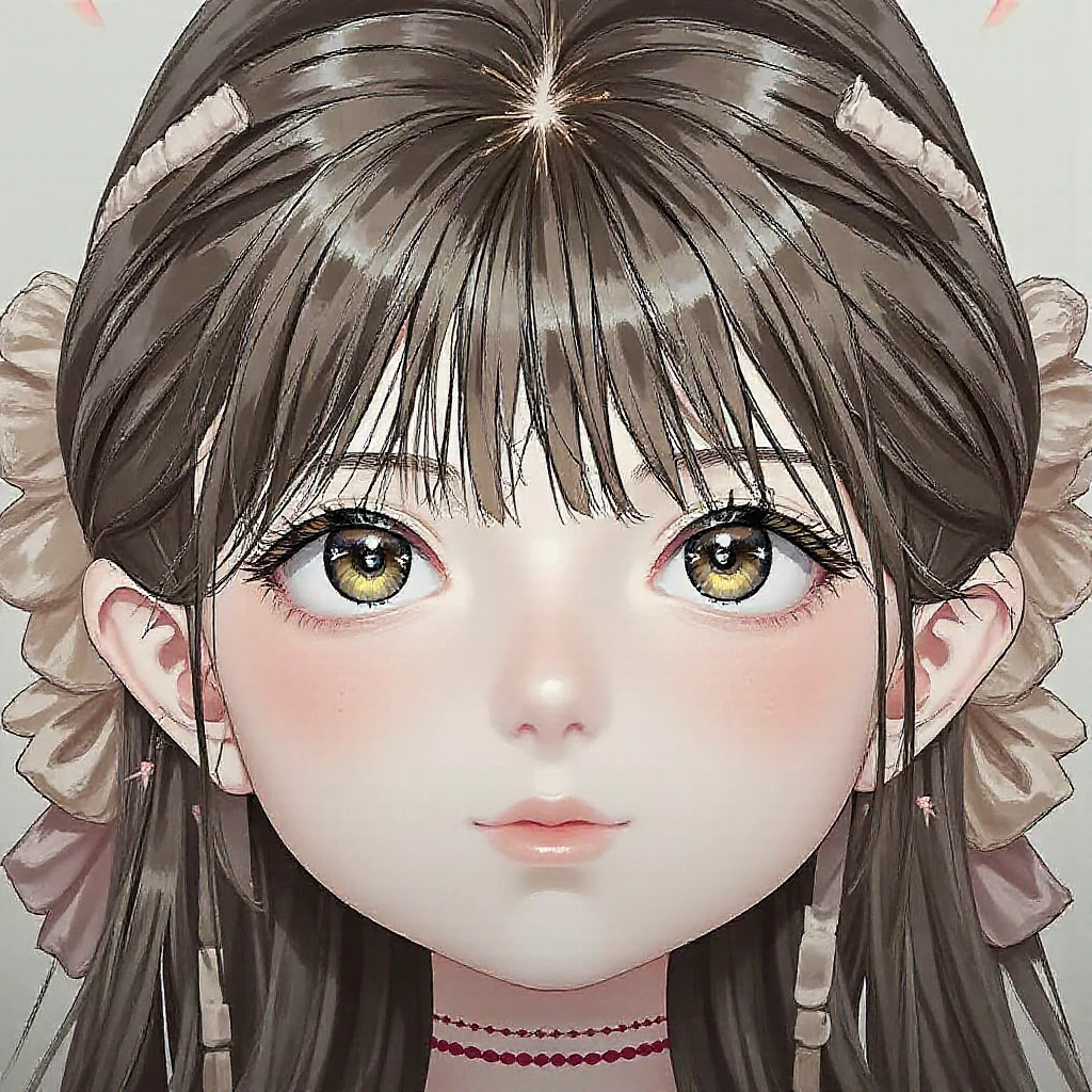 best quality, masterpiece, portrait, girl, cute, barbie, curls, brown hair, brown eyes, detailed face, beautiful eyes, smooth skin, Maid dress,