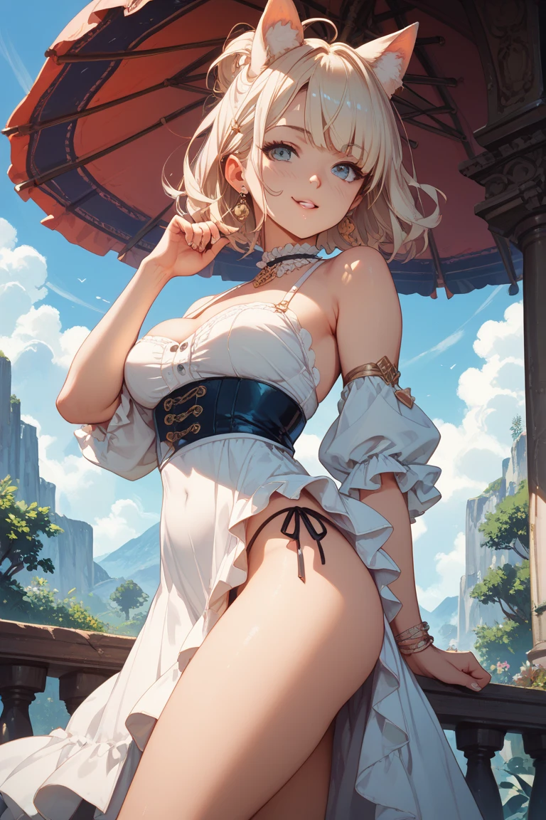 GRANBLUEfantasy,1young_teen_ girl,brown_hair,medium_bob_hair,platina_blond_hair,white_leotard,covered_crotch,thigh-highs,smile,standing,bluesky_landscape_background,slightly_spread_legs,happiness, short_gloves ,solo, r18, navel,relicbuster,short,boots,open_mouth,sitting,knees,blush,shy,piledriver,(crotch:1.3),solo,boots